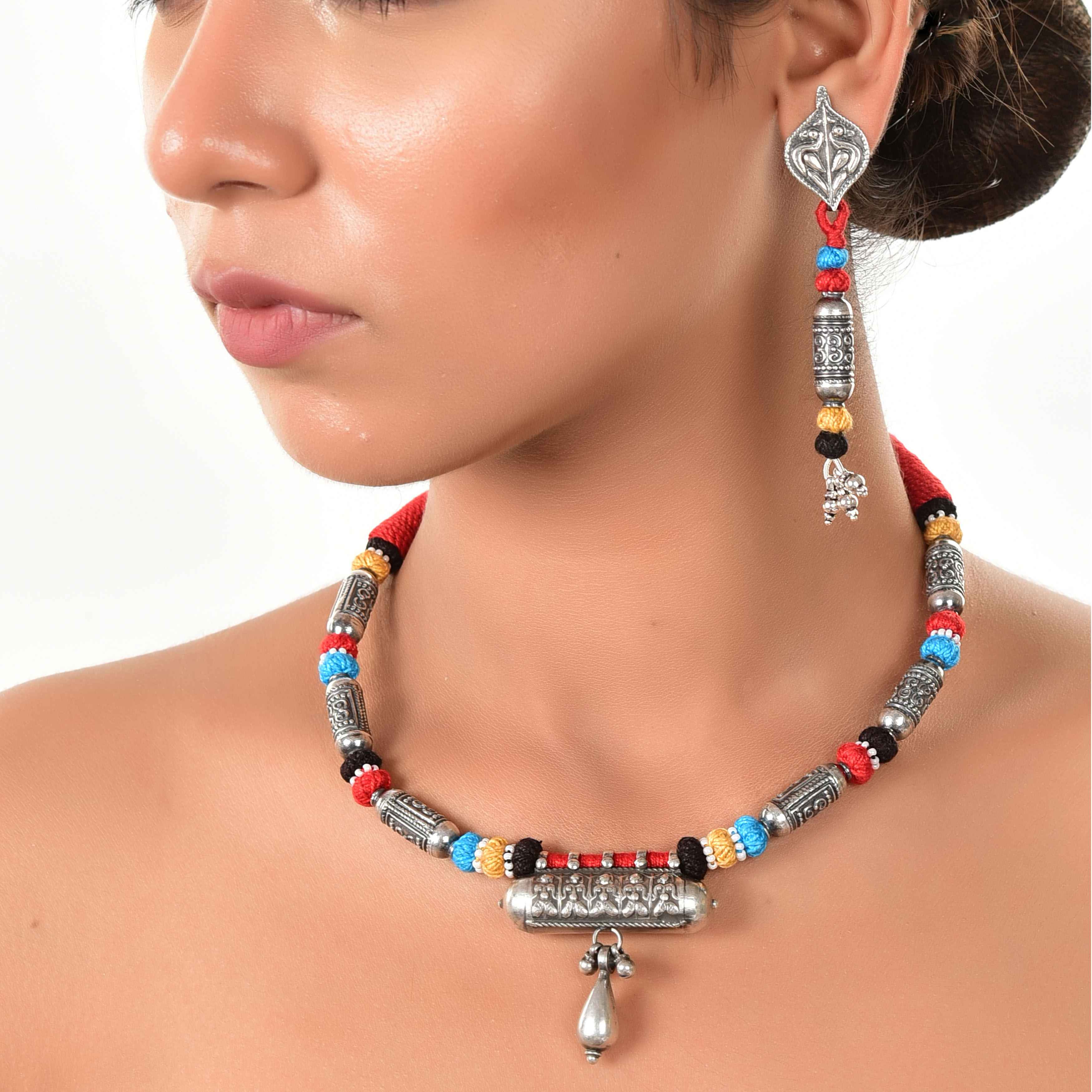 Silver colorful thread taveez pendant beads necklace & earring set
