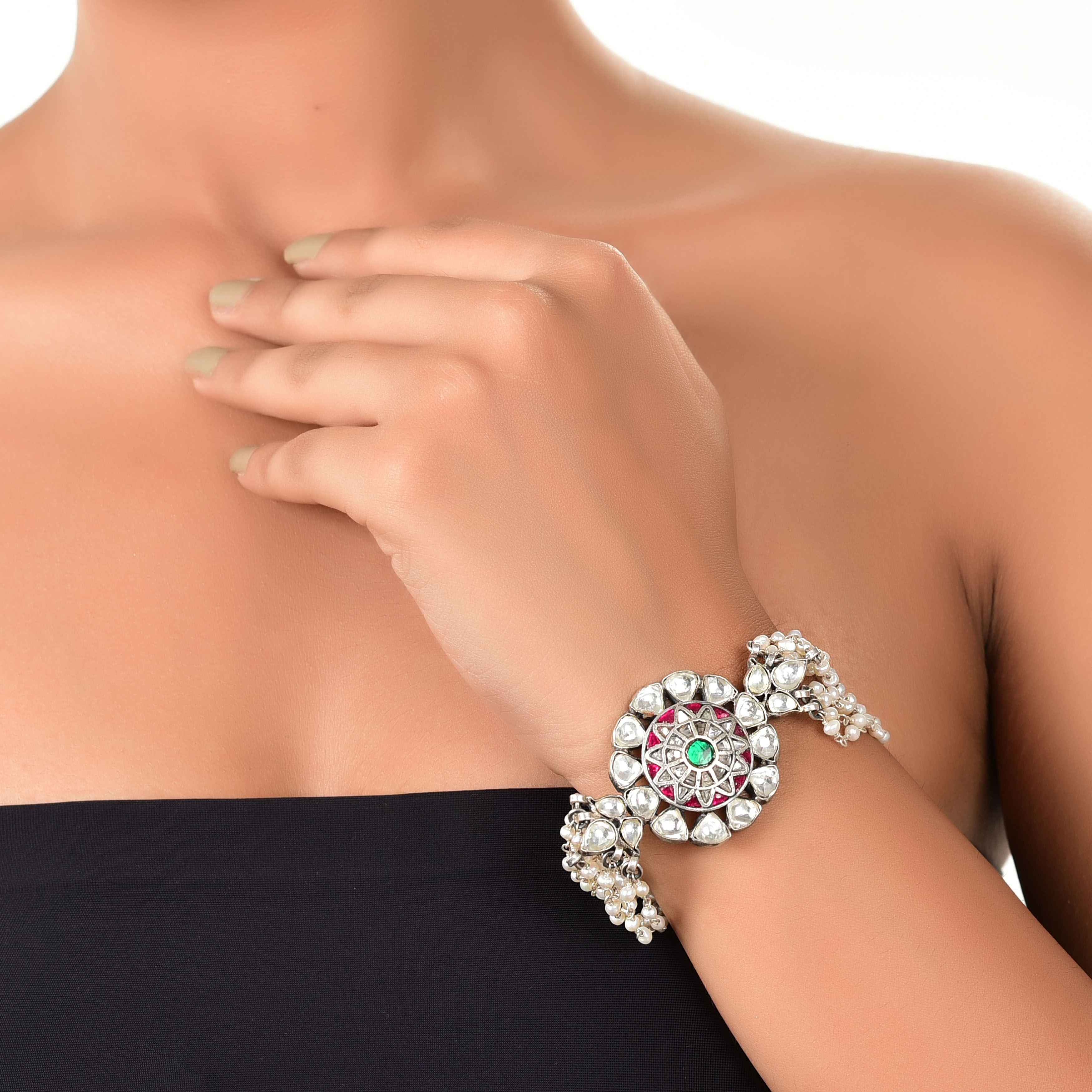 Kundan silver pearl statement bracelet, real kundan jewellery :SKU6100