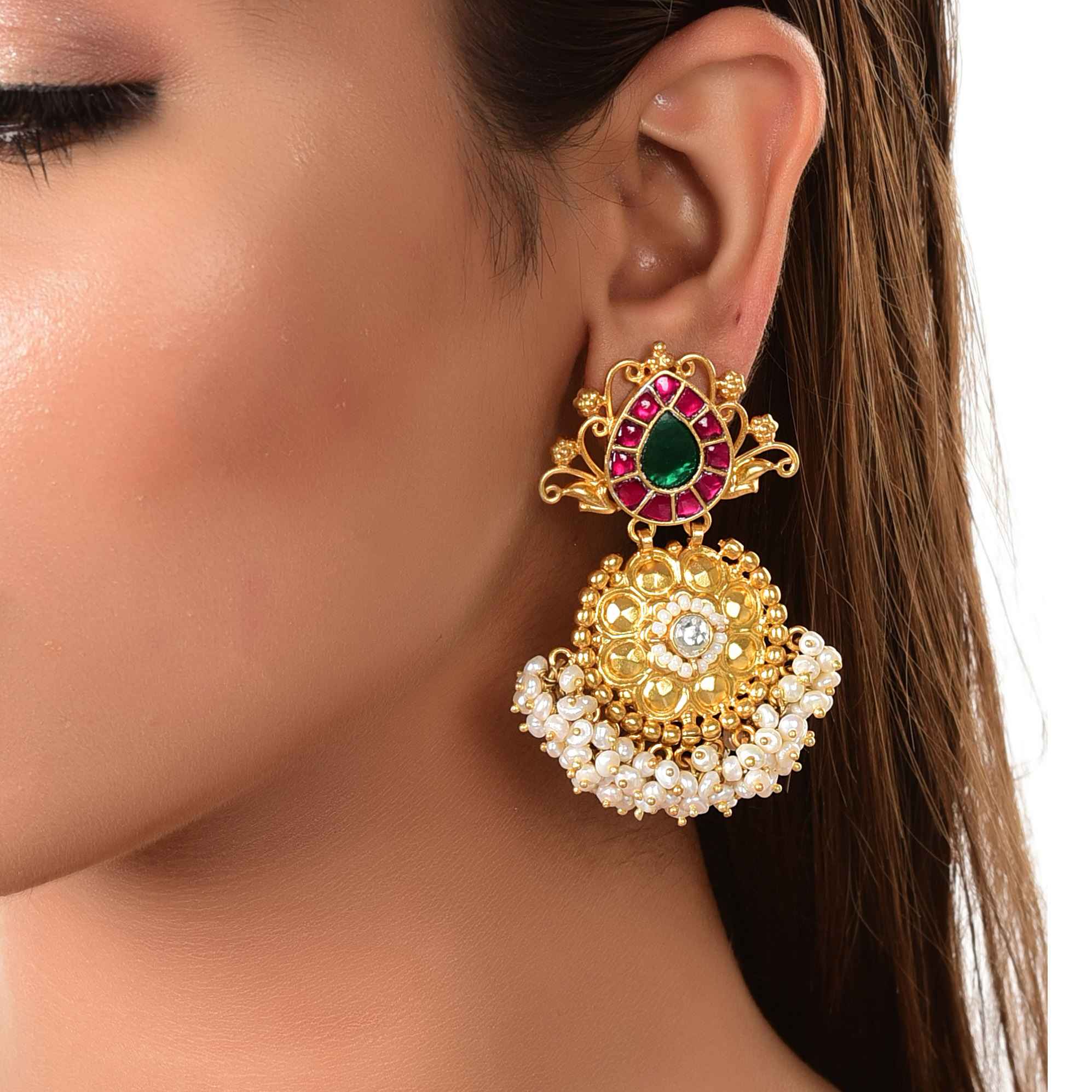 Silver gold plated kundan pearl earring, kundan :SKU6171