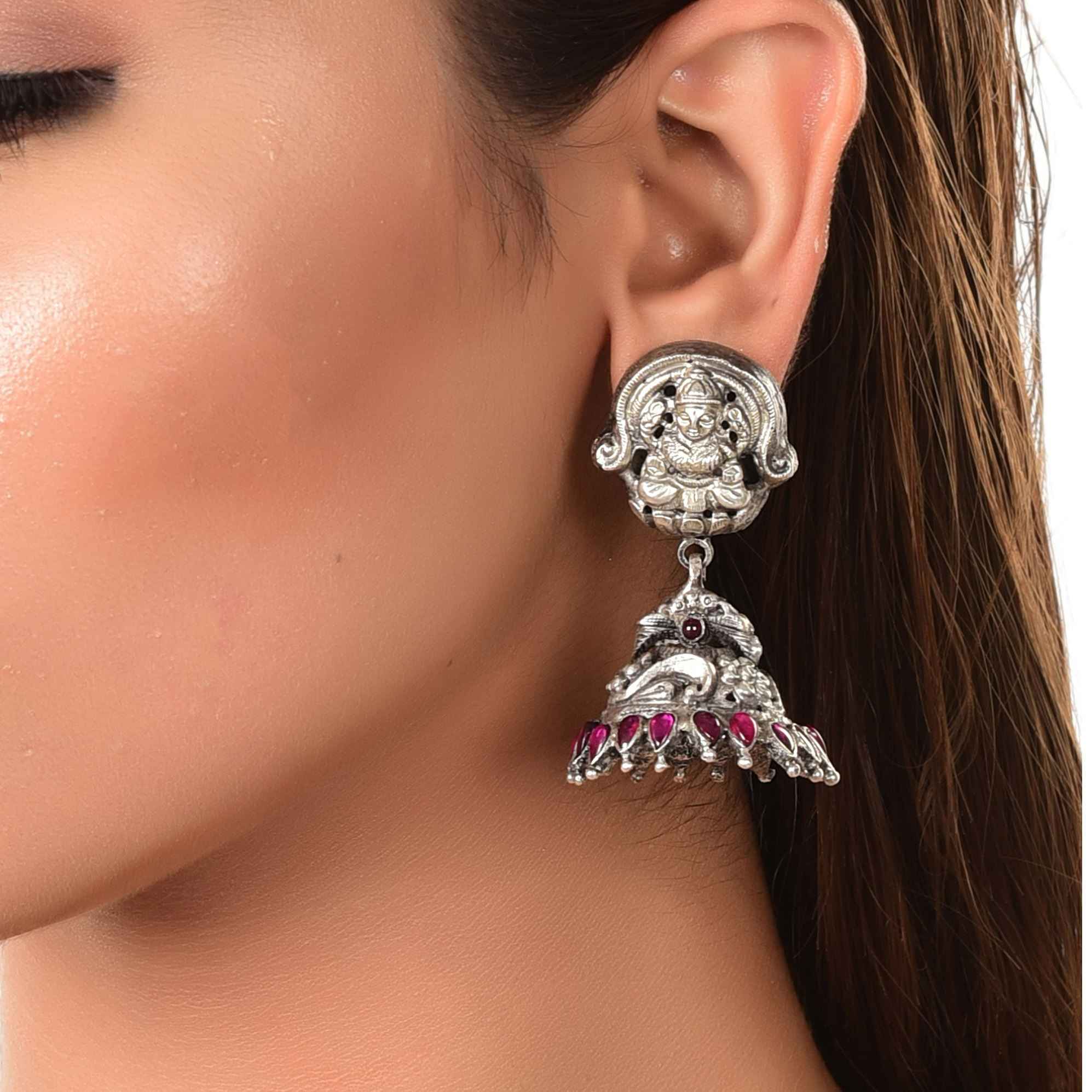 Silver temple engraved jhumka, bridal temple jewellery :SKU6166