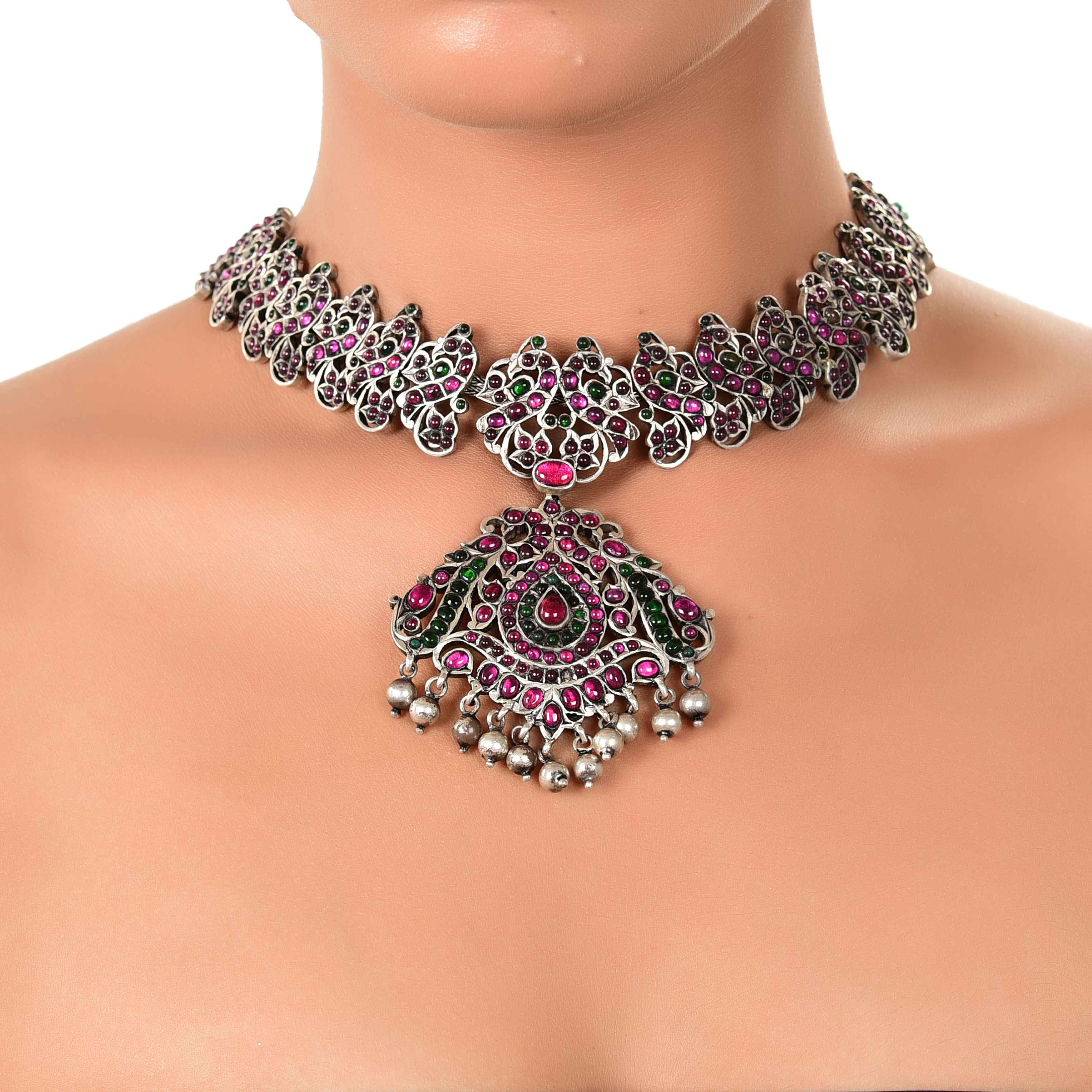 silver-green-and-red-stone-necklace-sku-6096