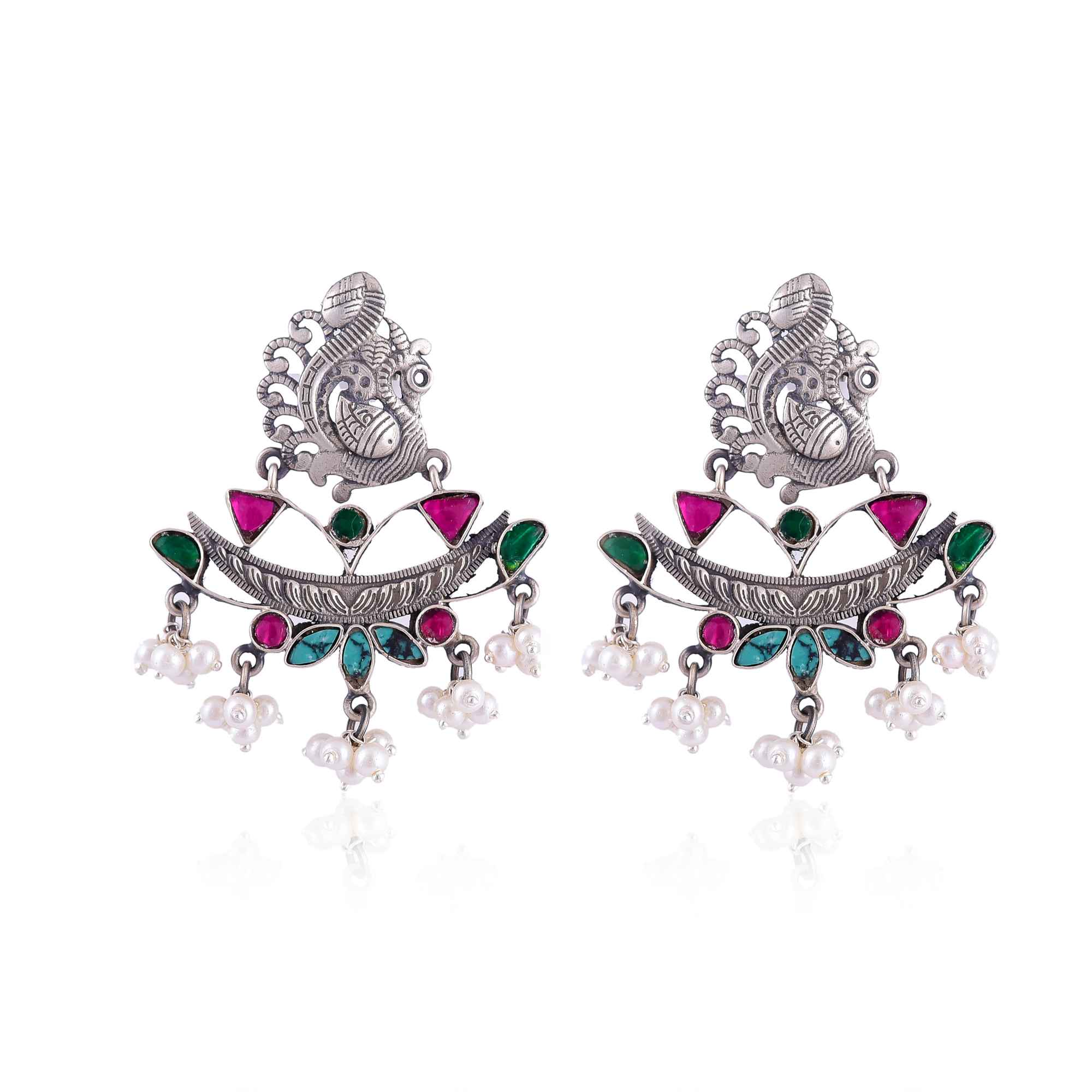 Kundan earring with red, green and turquoise stone, kundan pearl jewellery :SKU6076