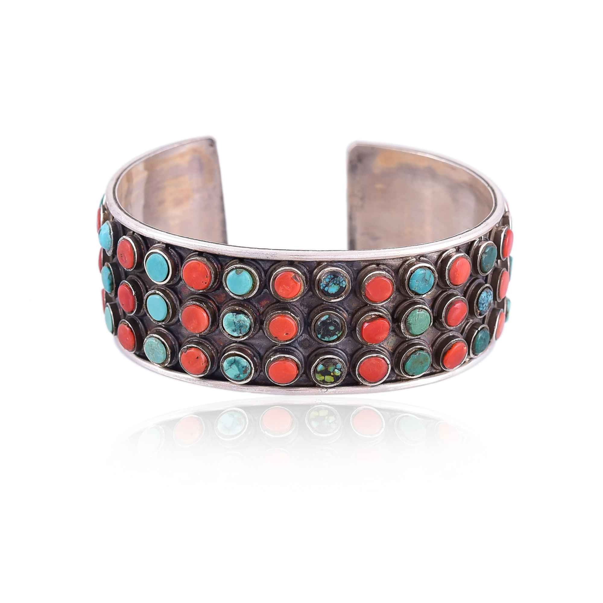 Three line turquoise and coral silver cuff :SKU6117