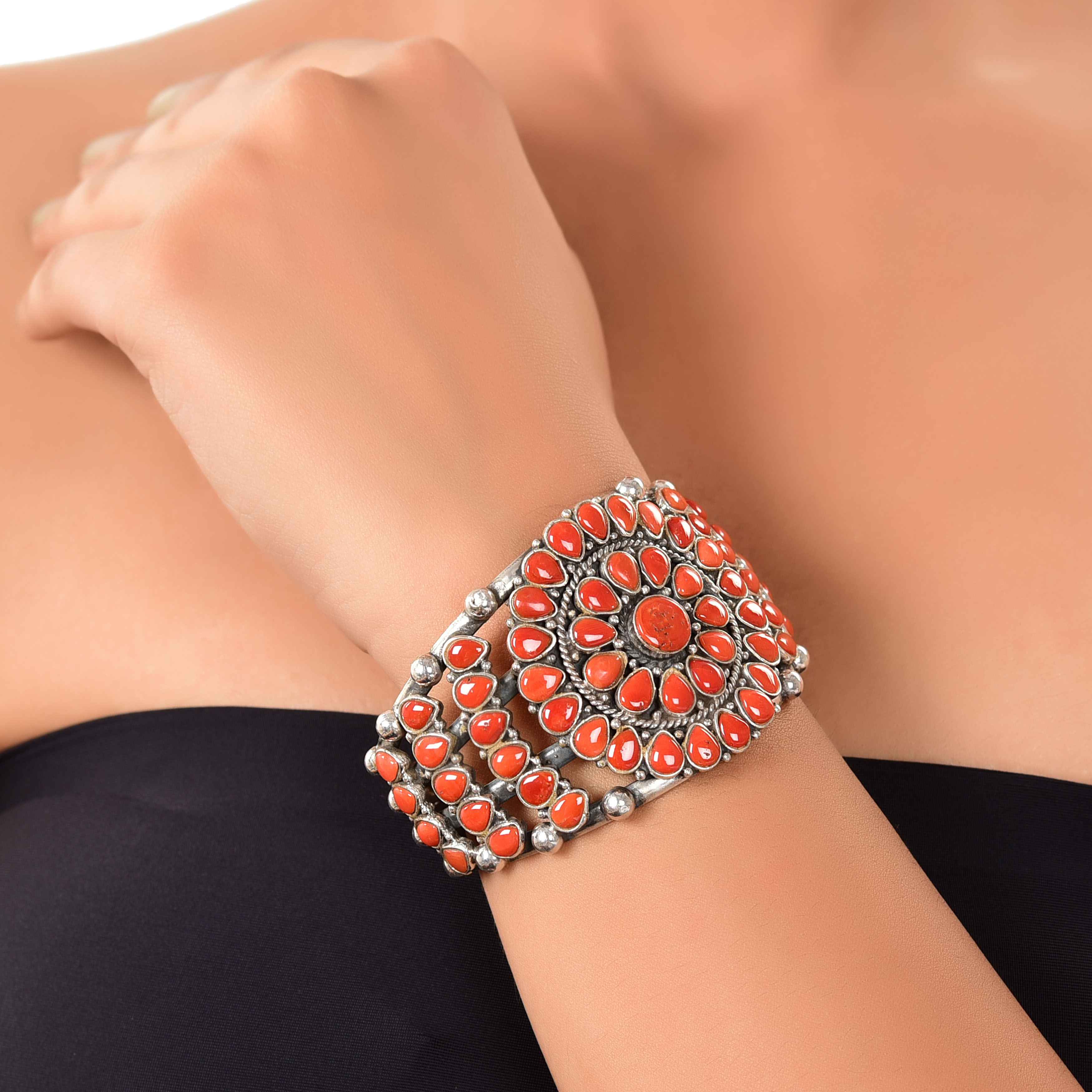 Coral tibetan cuff bangle :SKU6118