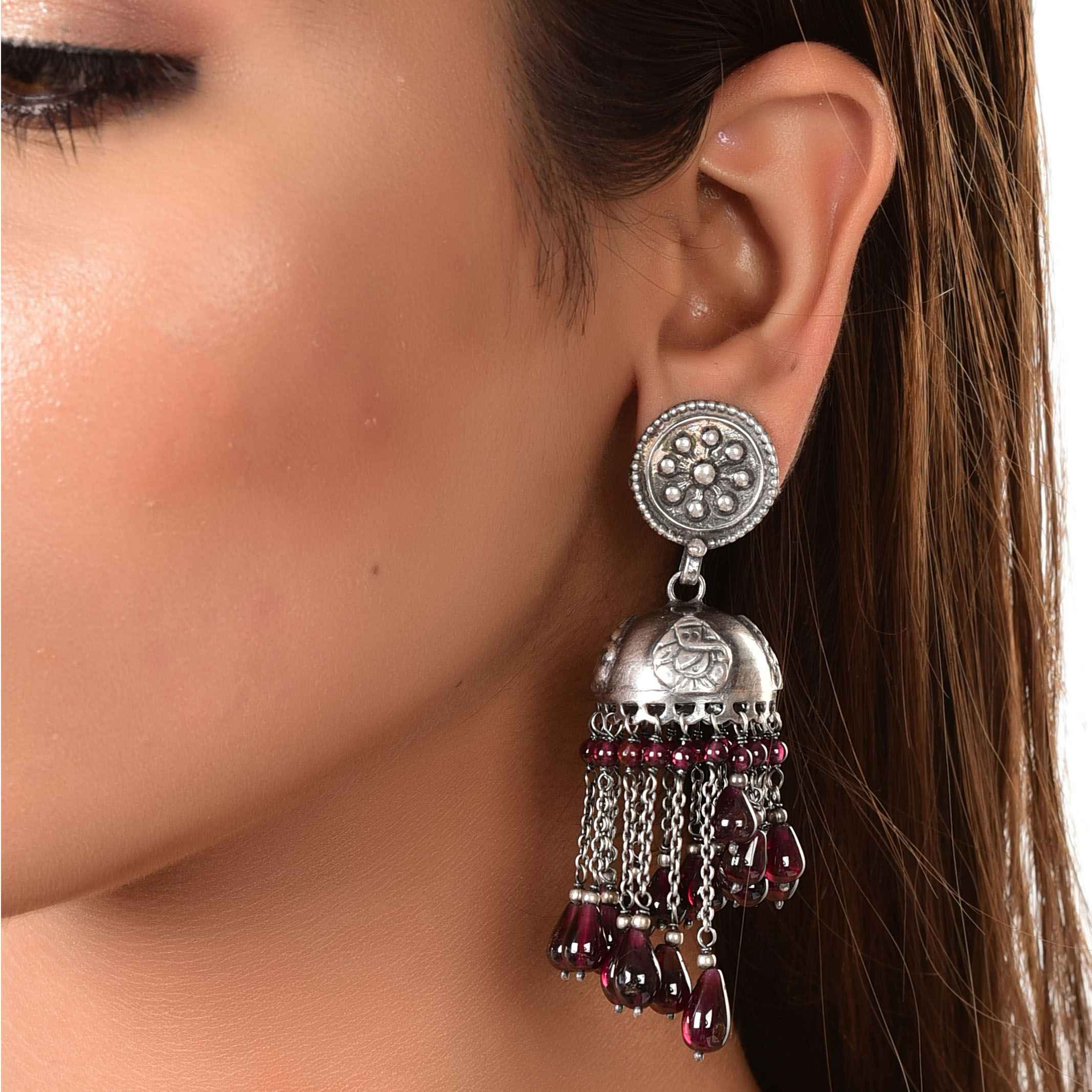 silver-ganesha-jhumka-garnet-earring-sku-6176