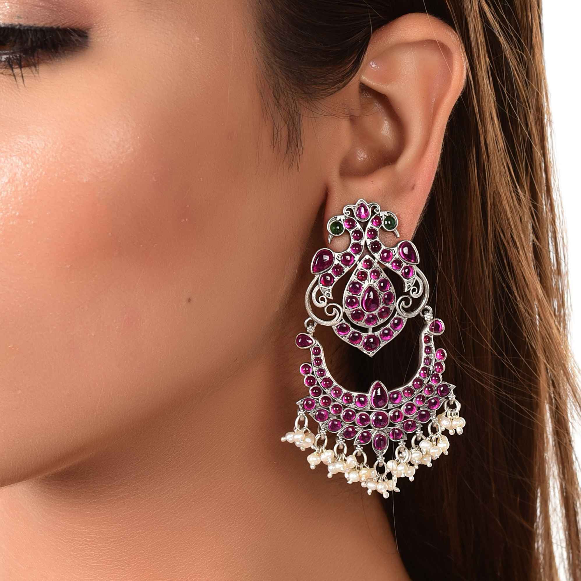 Silver Temple collection red stone earring :SKU6177