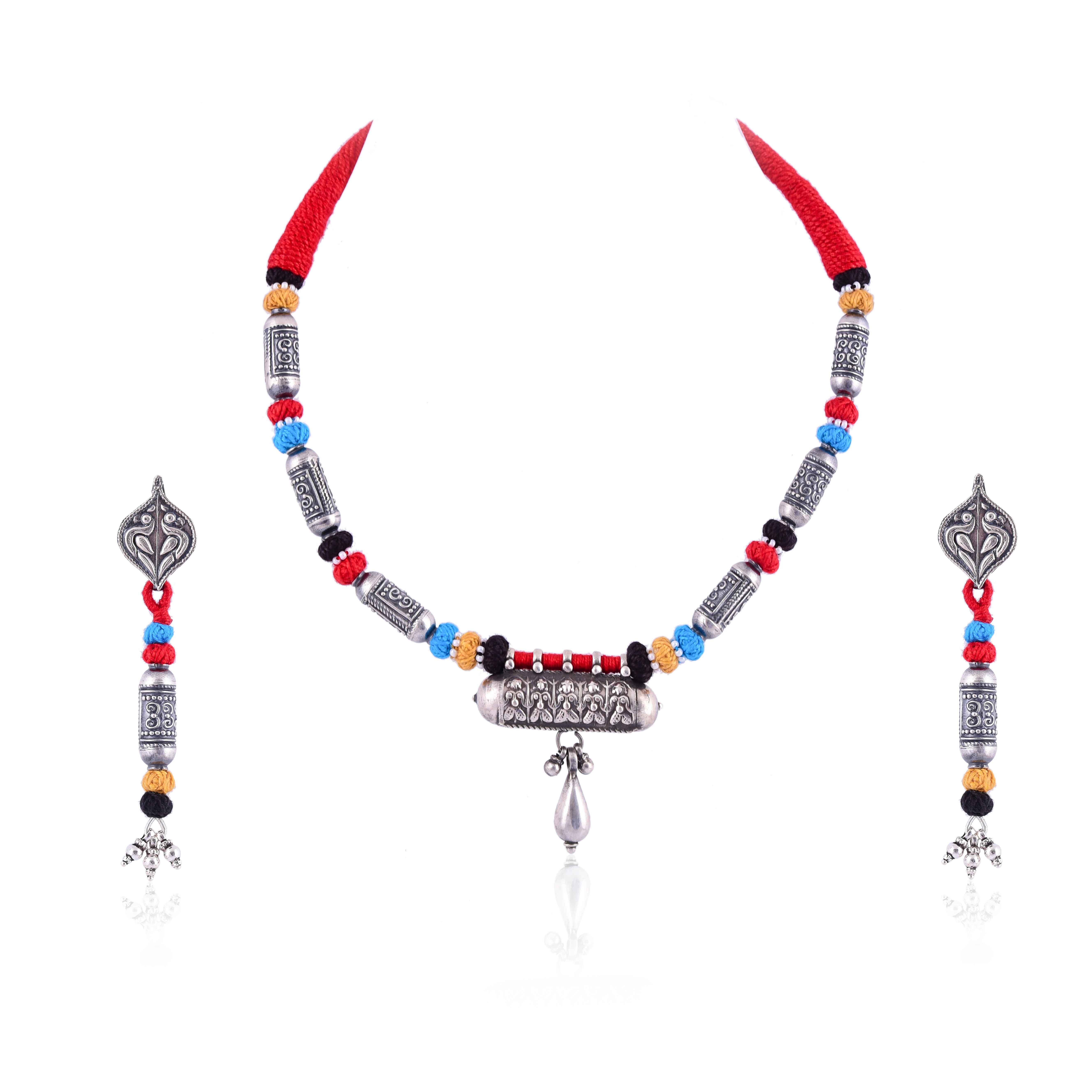 Silver colorful thread taveez pendant beads necklace & earring set