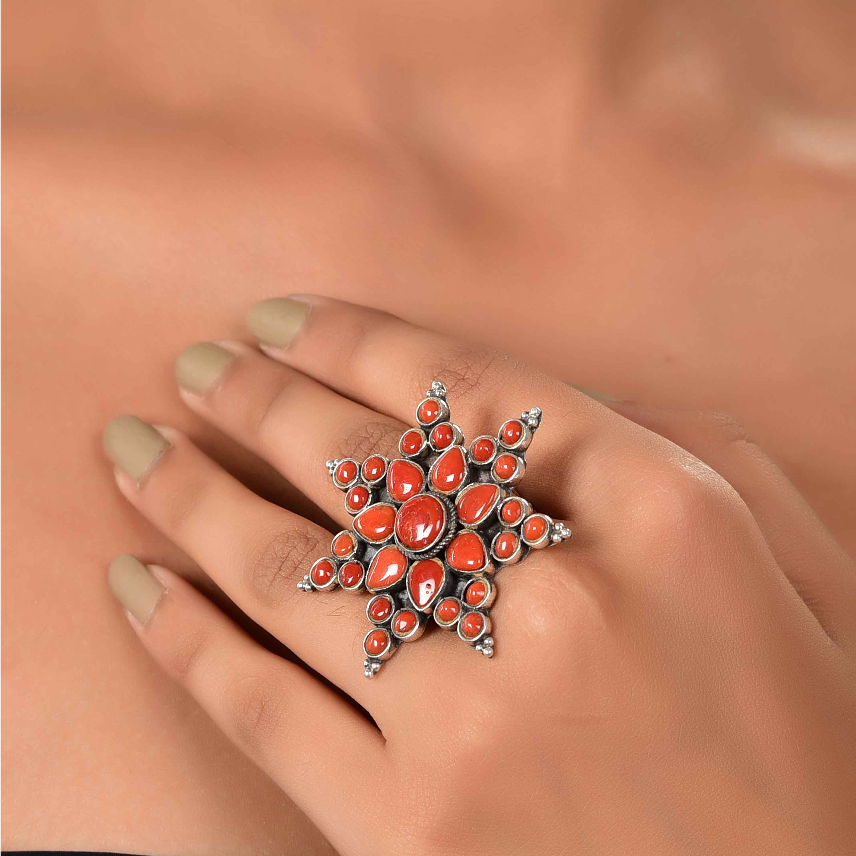 Silver star coral ring :SKU6042