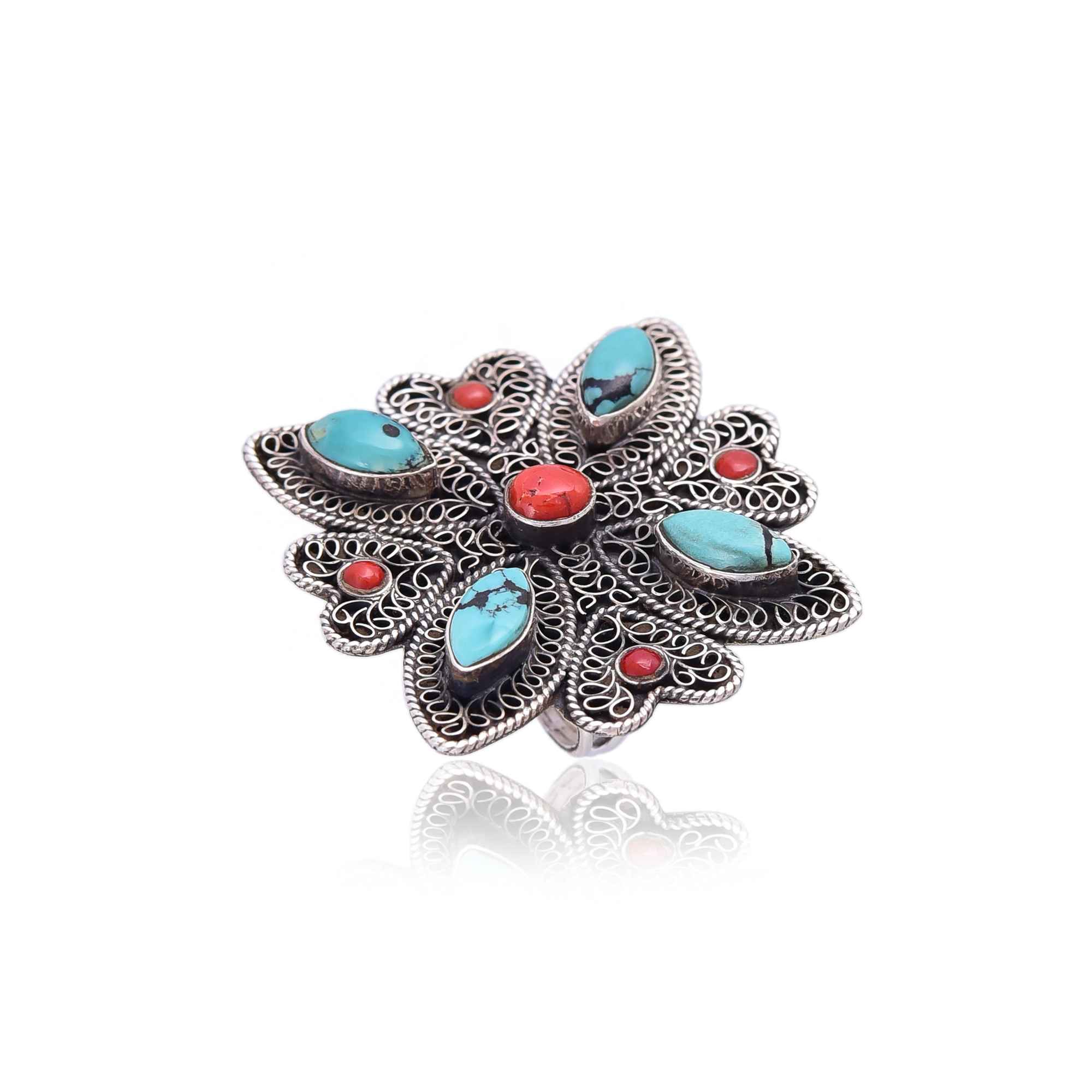 Silver coral turquoise statement cocktail ring :SKU6050