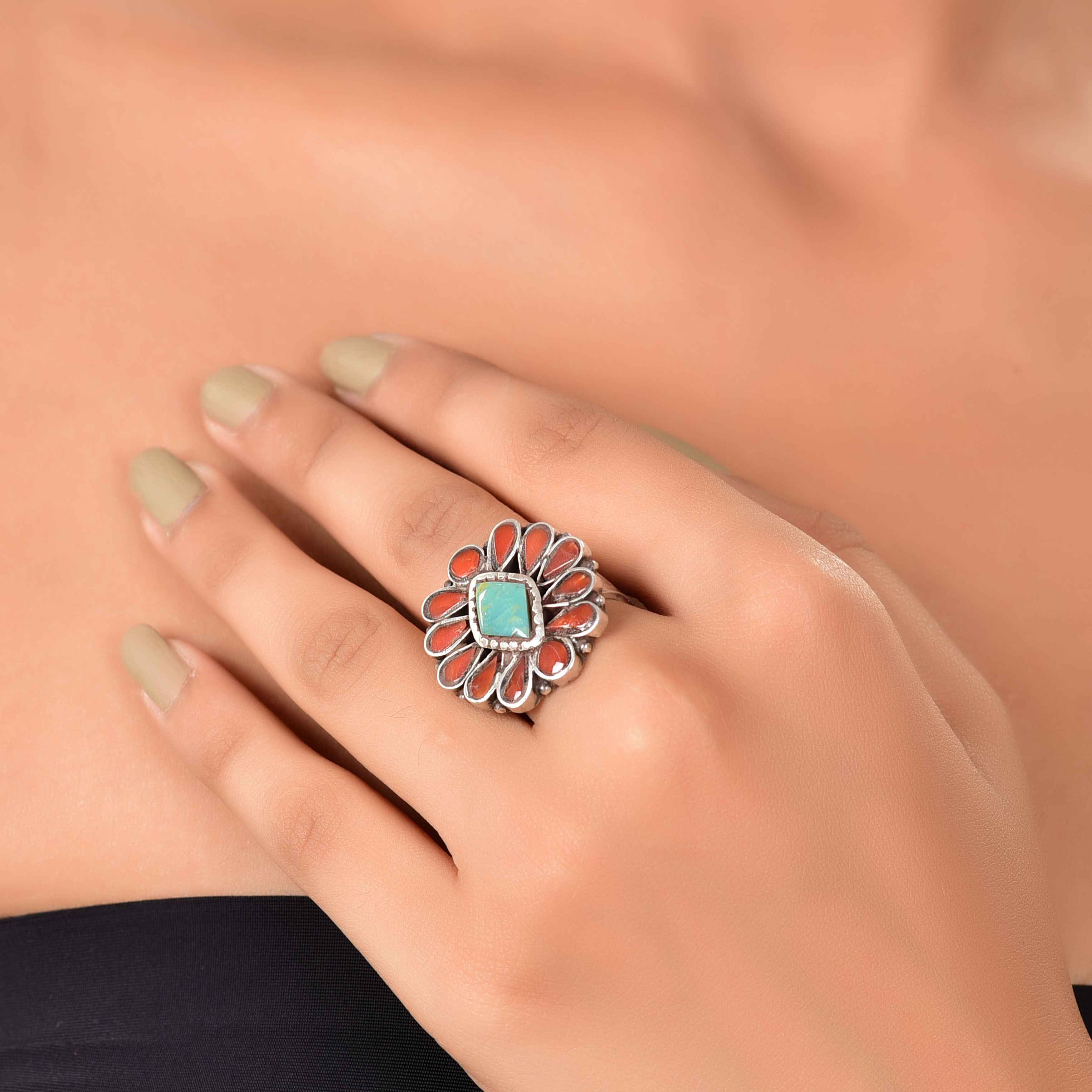 Silver coral turquoise ring :SKU6059