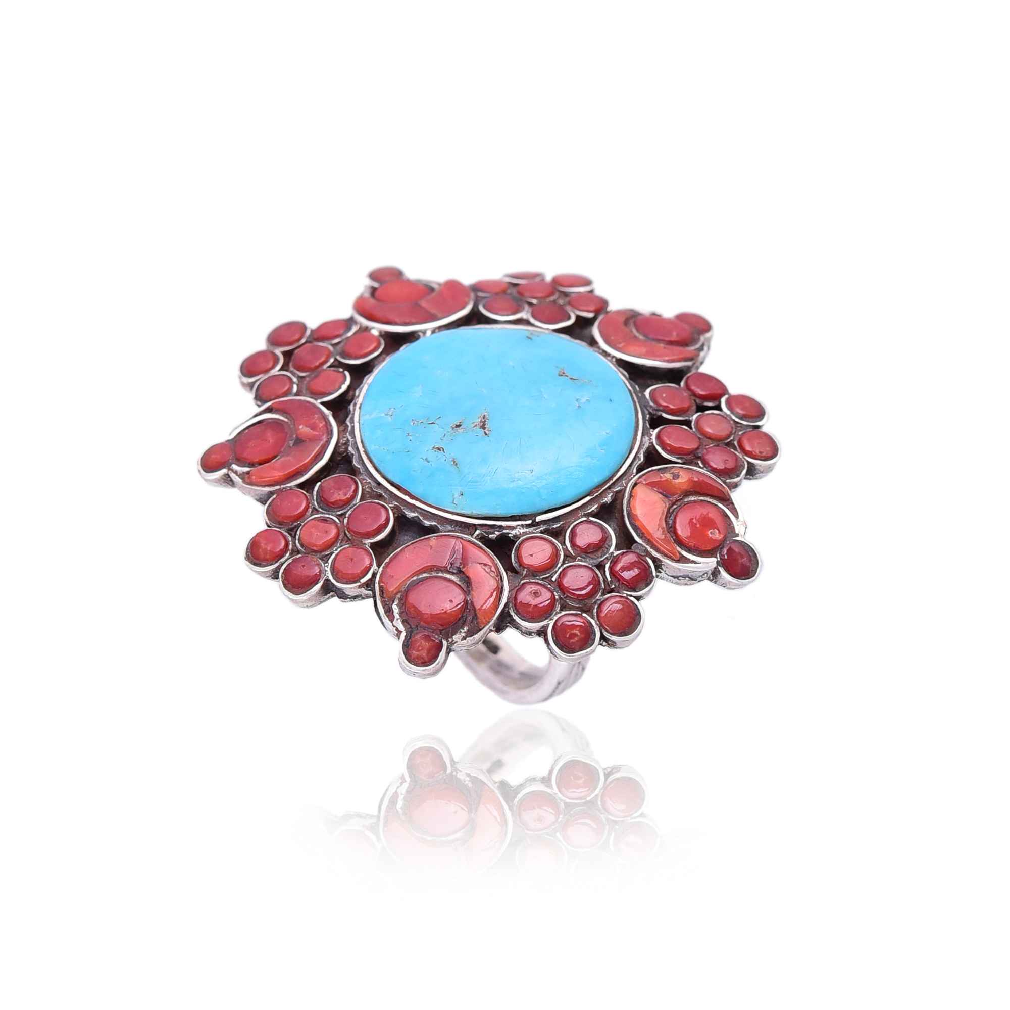 Silver turquoise coral bold ring :SKU6066