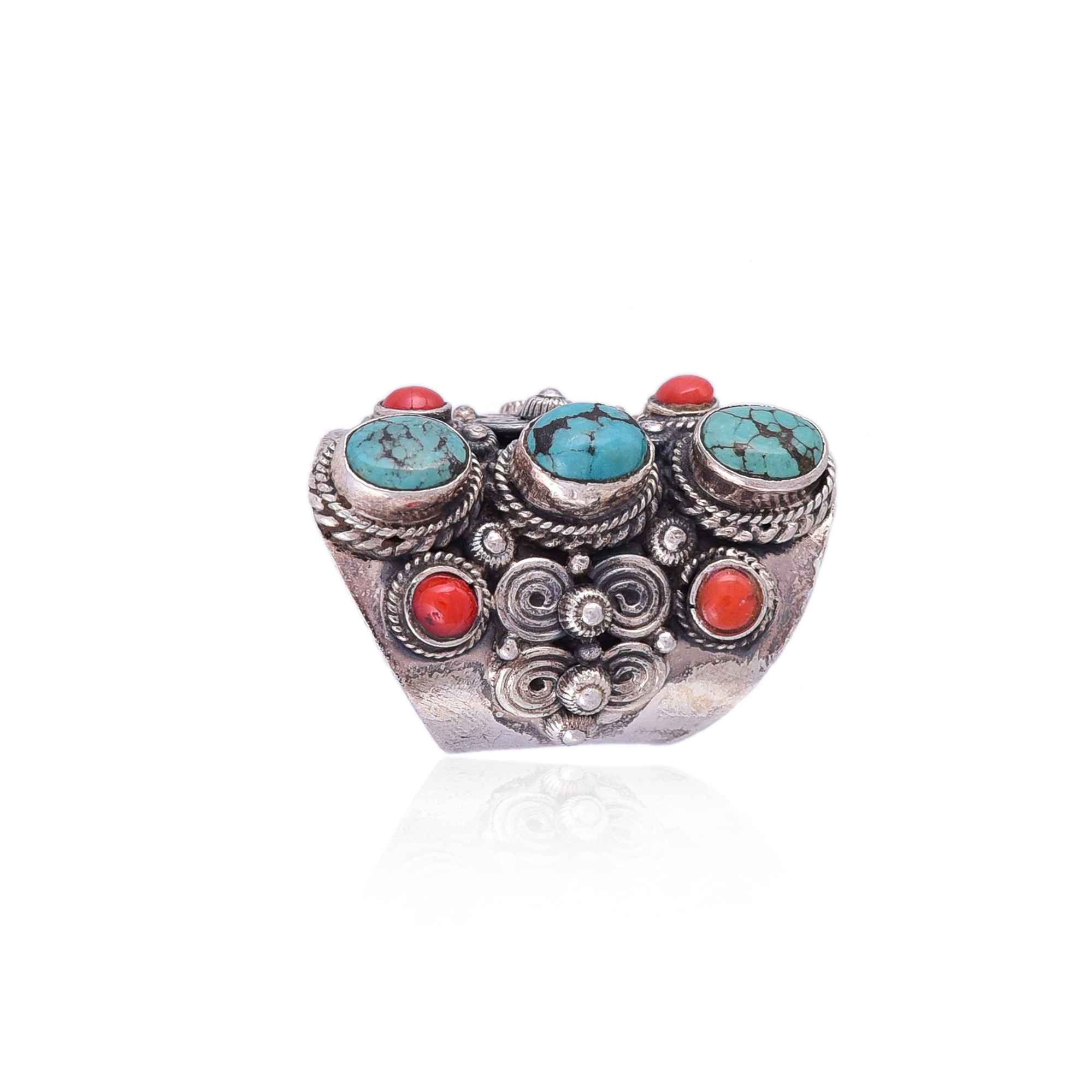 Tibetan long silver turquoise coral ring :SKU6067