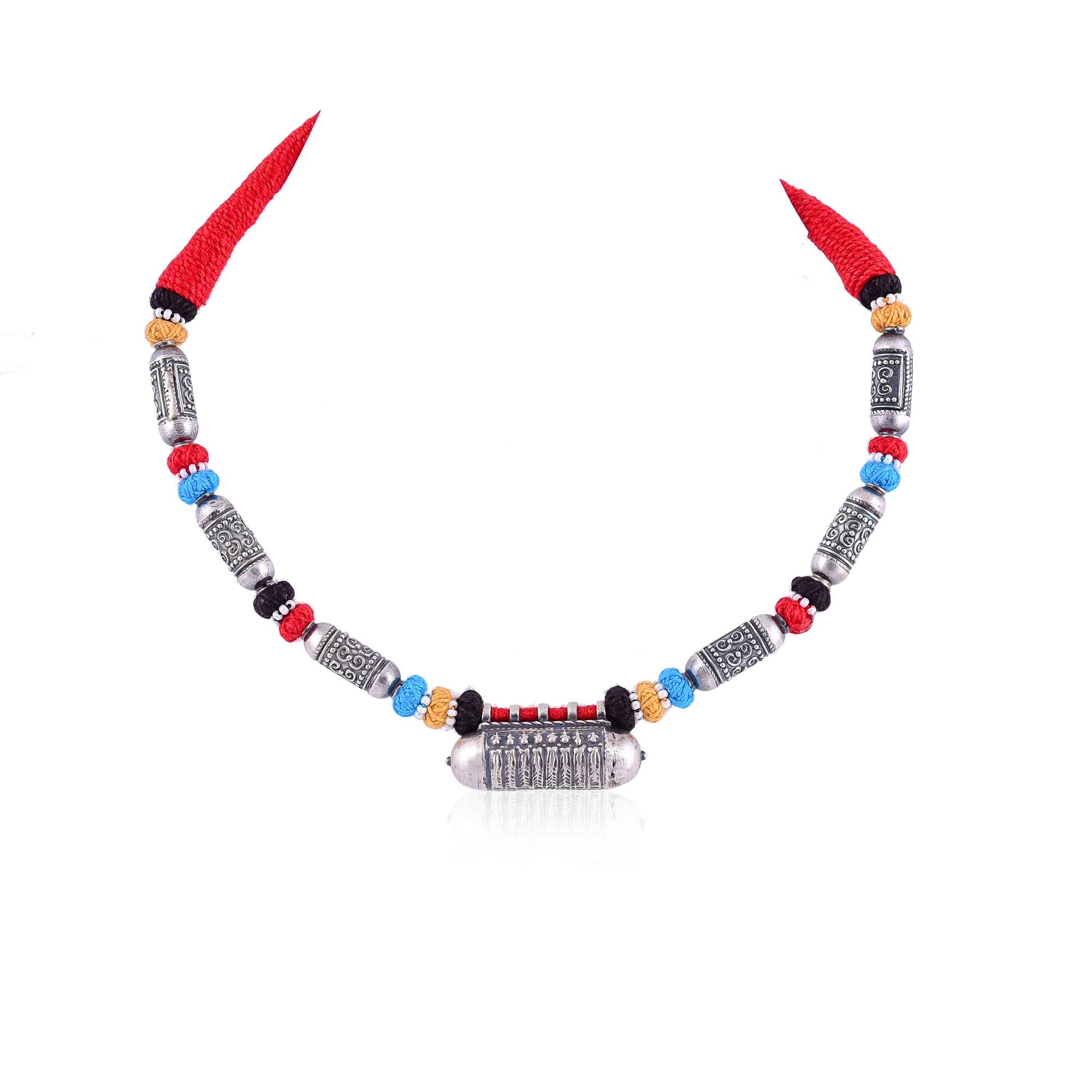 silver-colorful-thread-taveez-pendant-beads-necklace-sku-7424