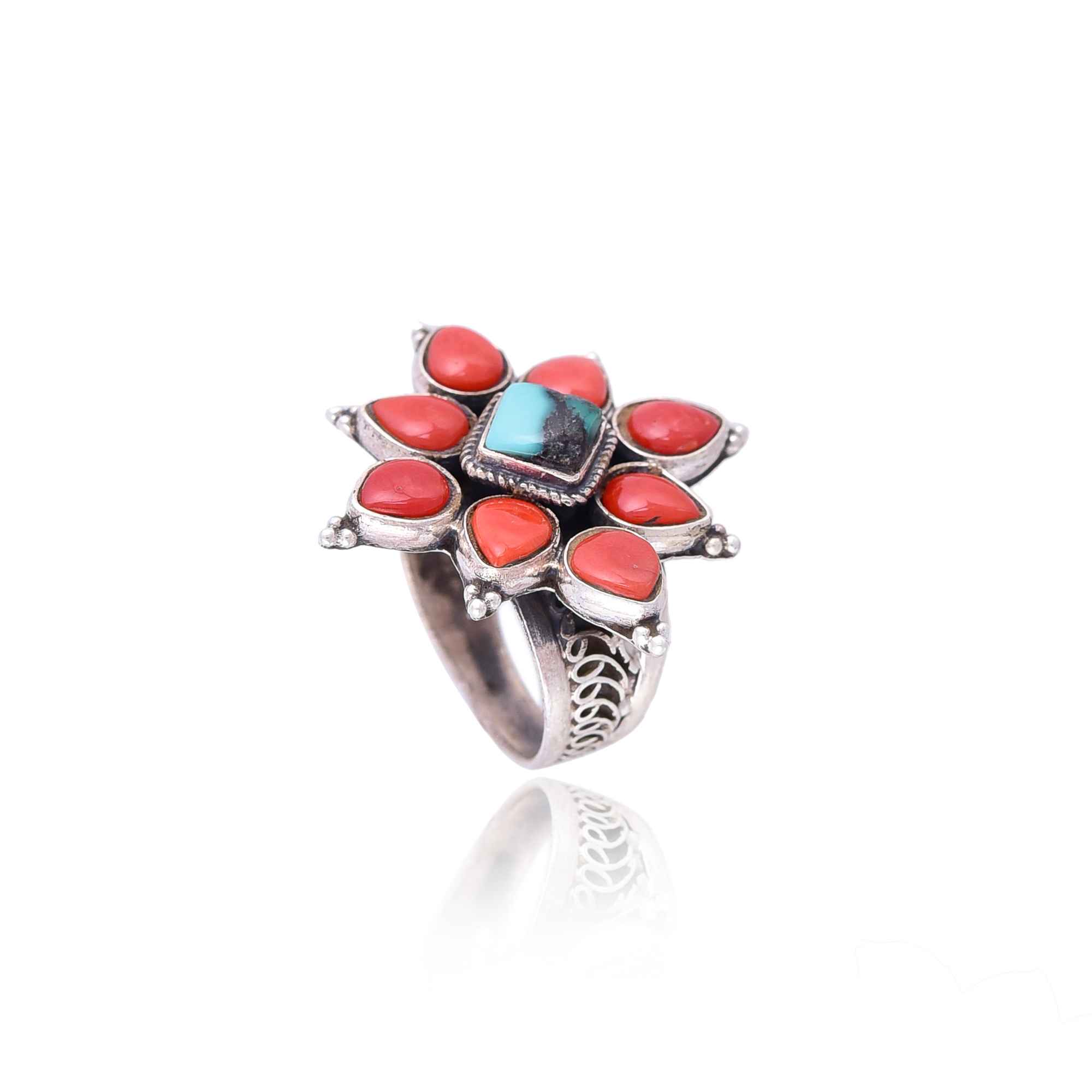 silver turquoise coral ring :SKU6048