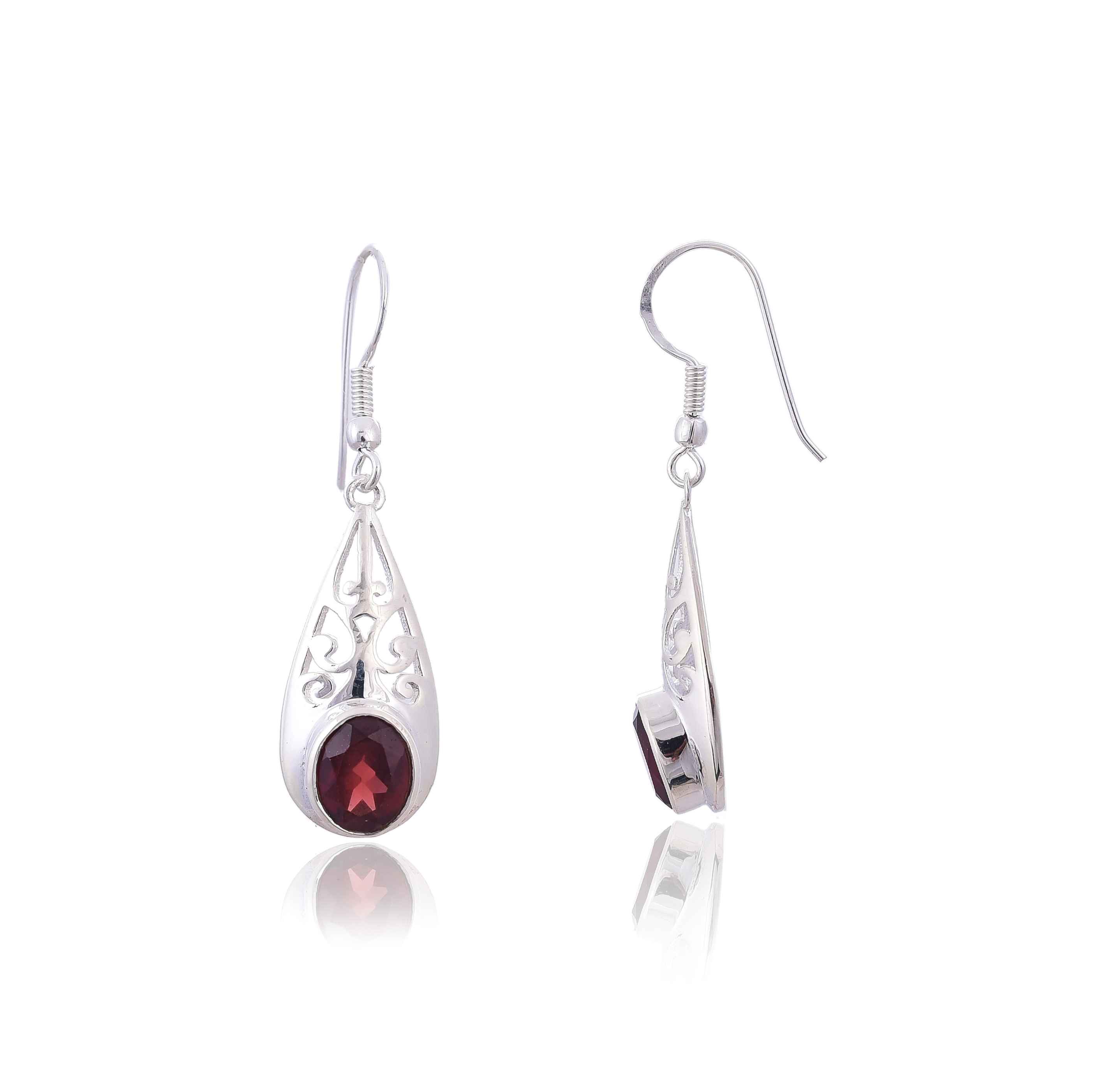 Garnet Jali Cut Silver Earring :SKU4153