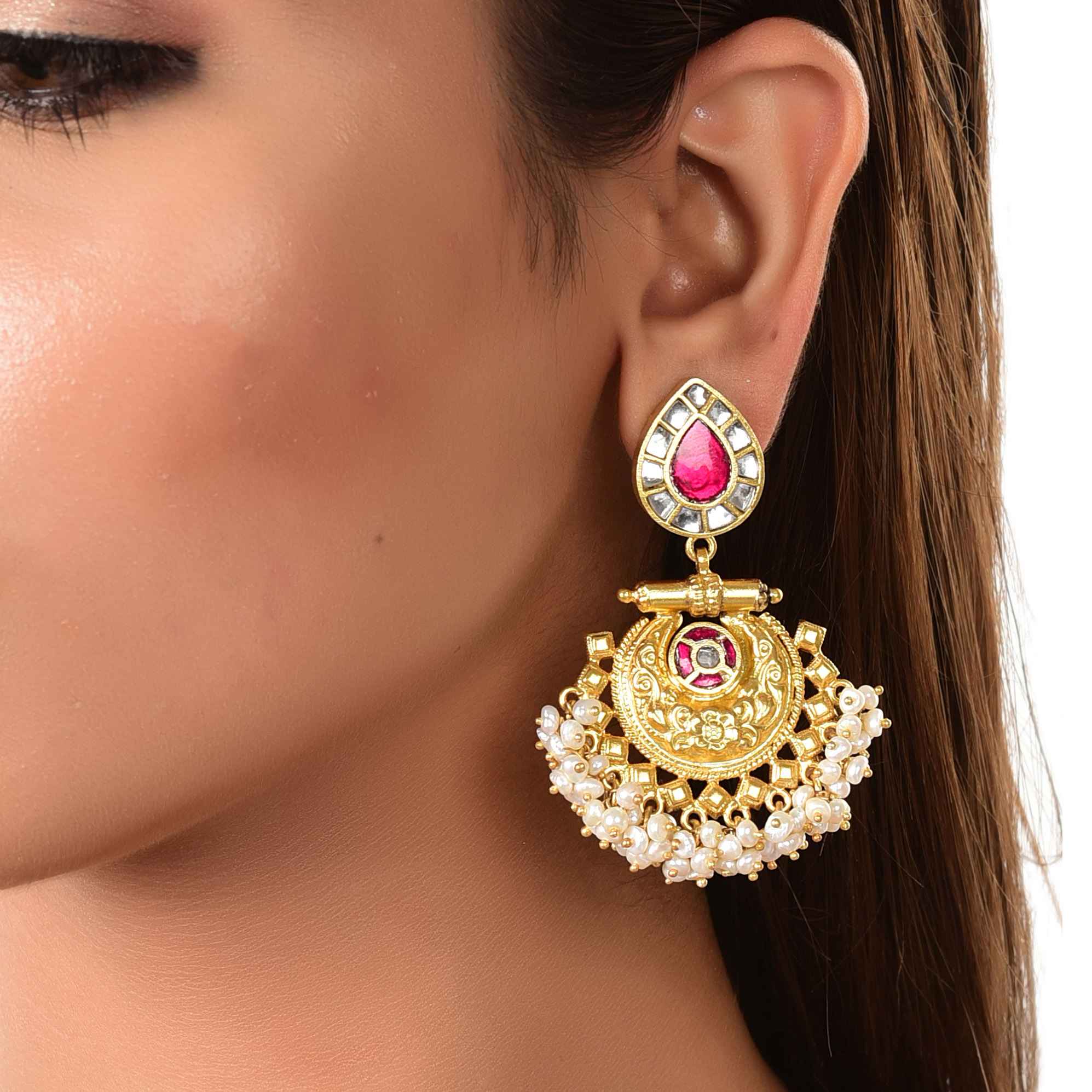 Silver gold plated kundan earring, kundan pearl earrings