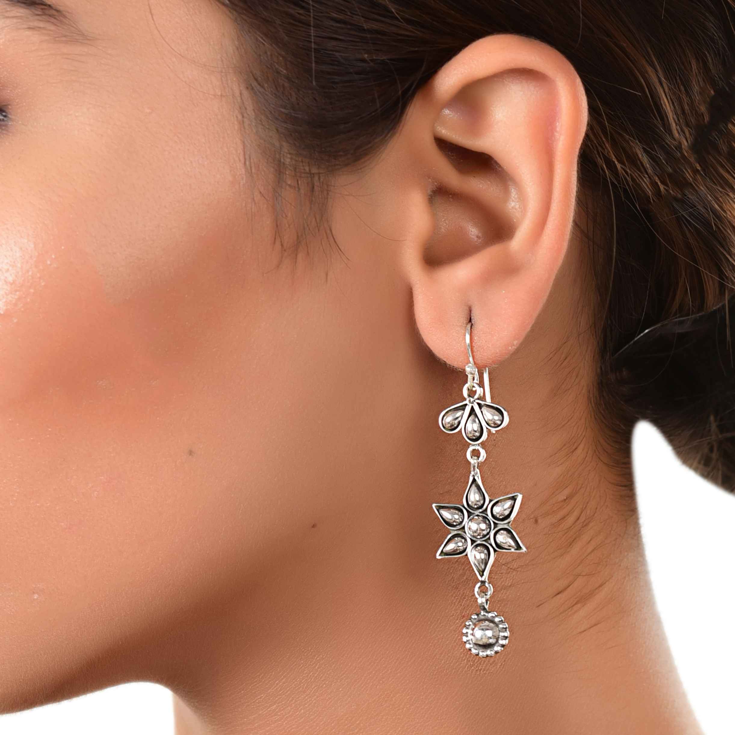 Silver oxidised hook earring, boho jewellery