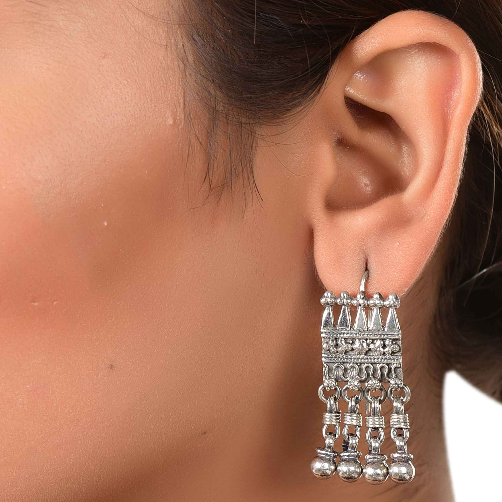 Silver rawa work oxidised hook earring