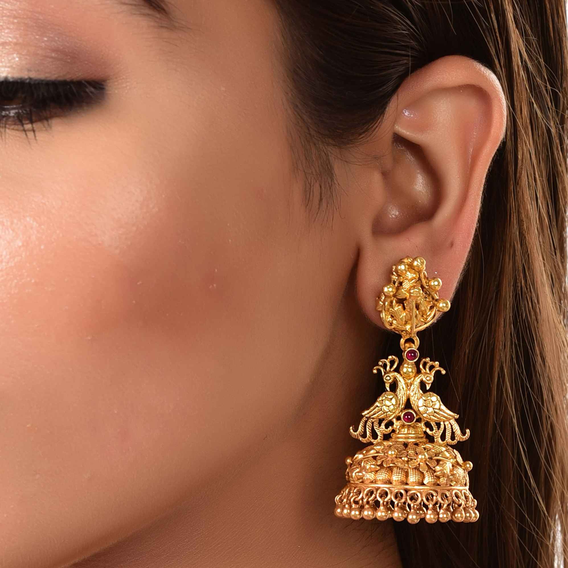 Gold plated silver two peacock earring