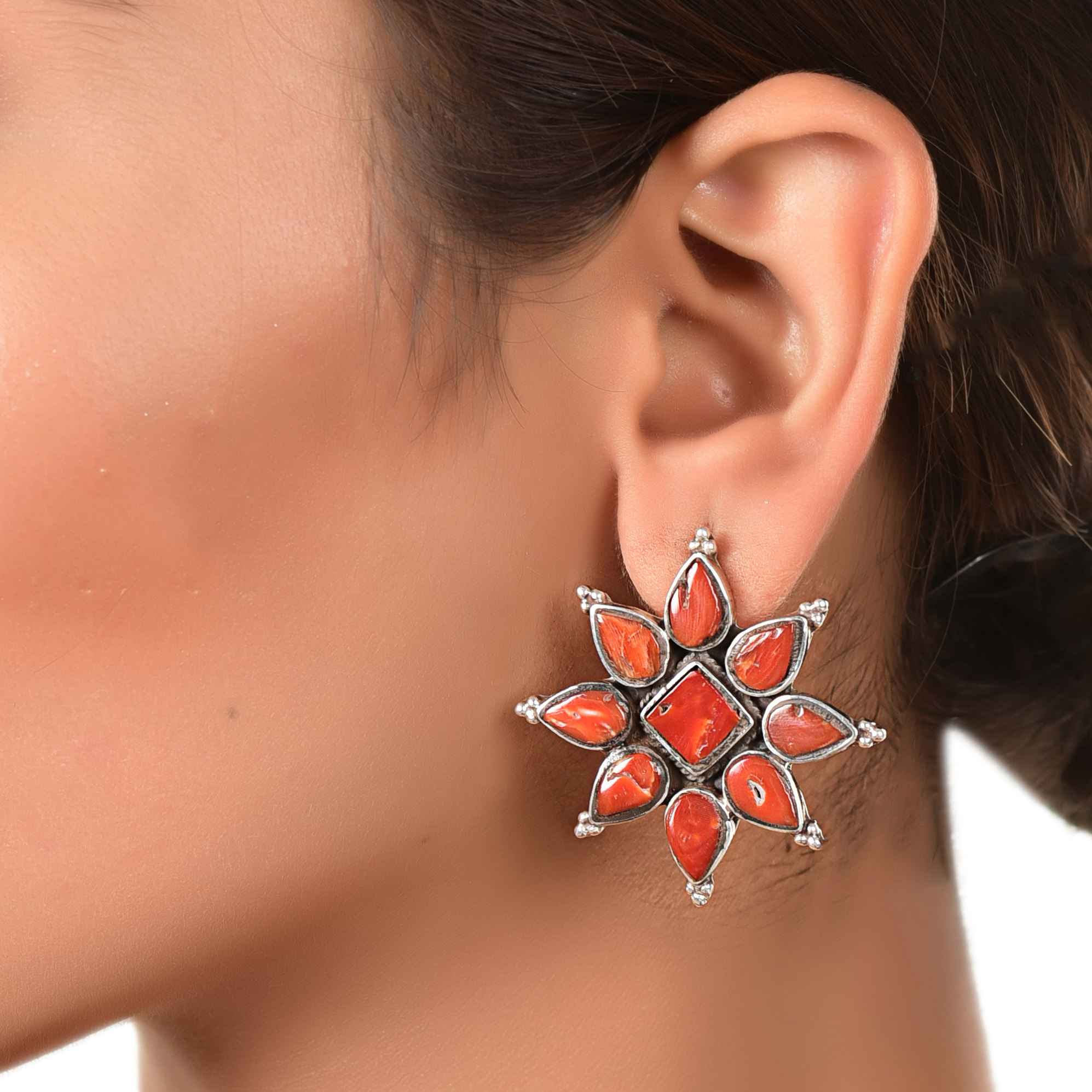 Big Floral Coral Stud, Tibetan jewellery