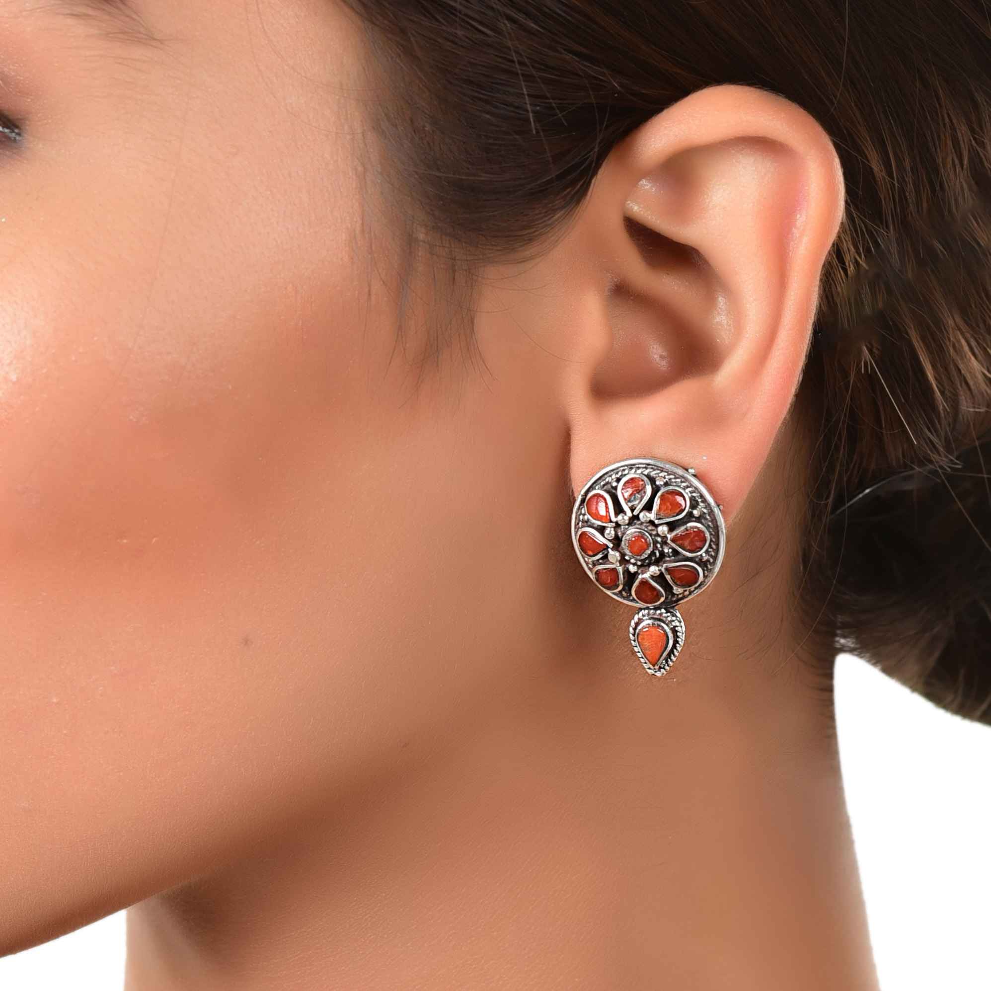 Silver Coral stud, Tibetan jewellery