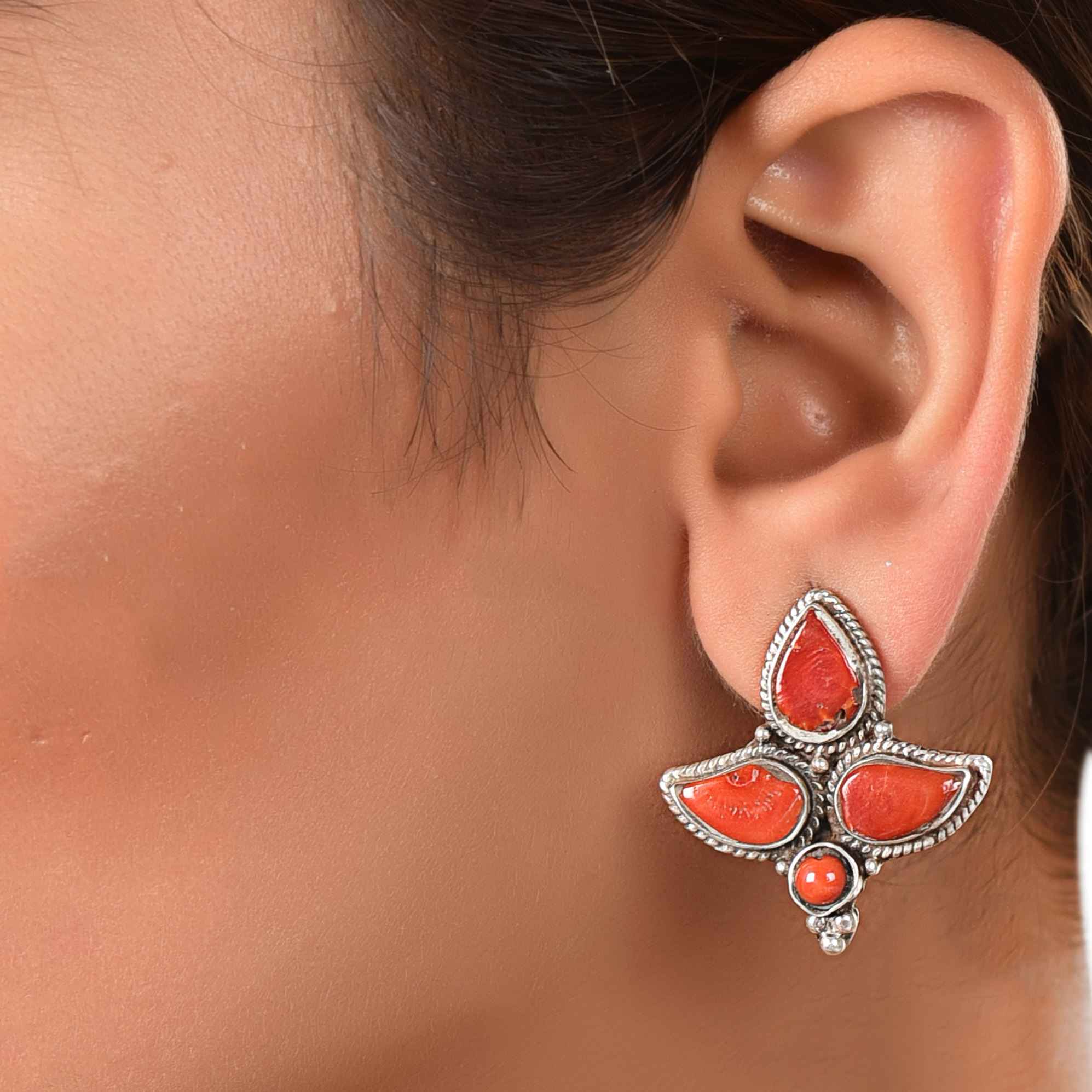 Blooming Flower shape coral silver stud