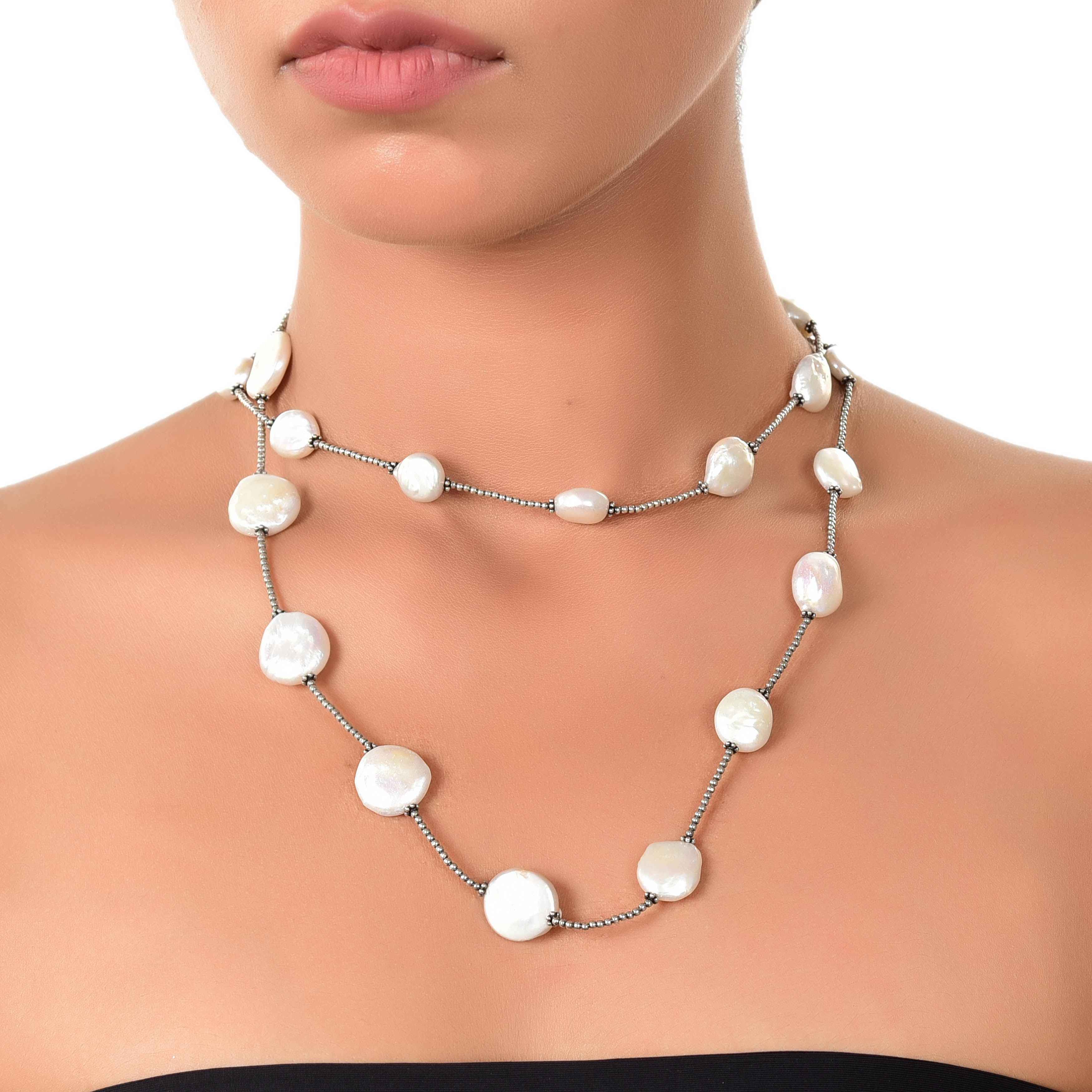 Silver coin Pearl neckalce chain
