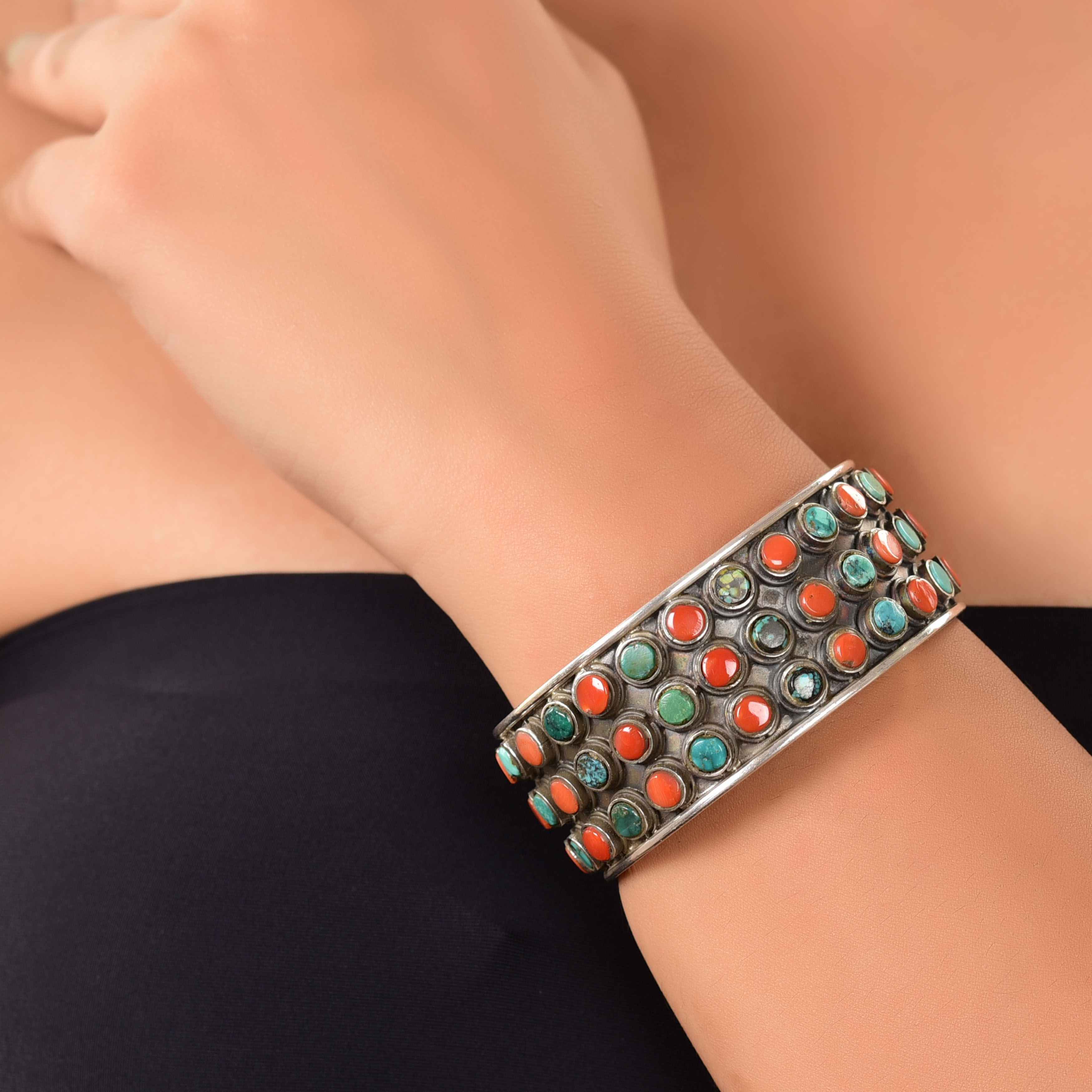 Three line turquoise and coral silver cuff
