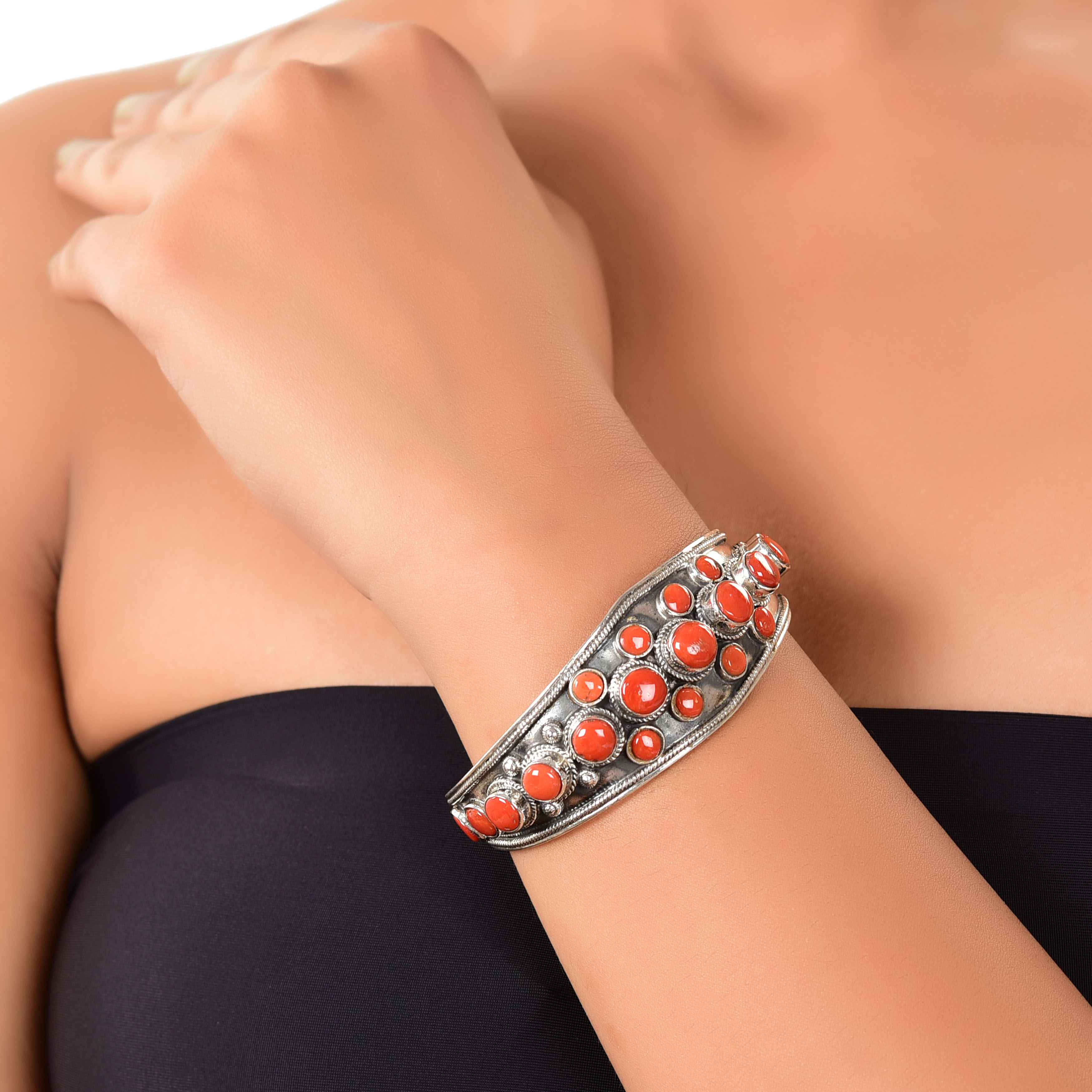 Coral tibetan cuff bangle