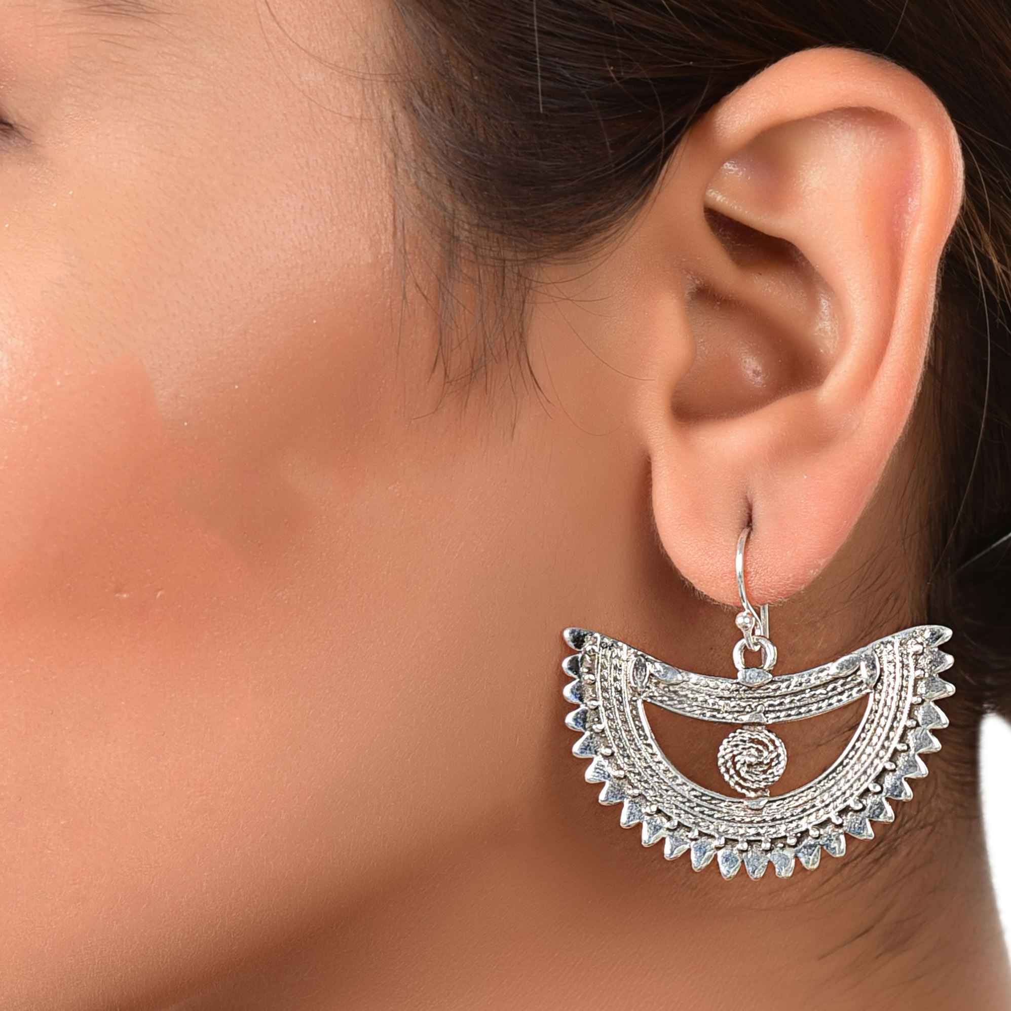 Half round silver hook earring