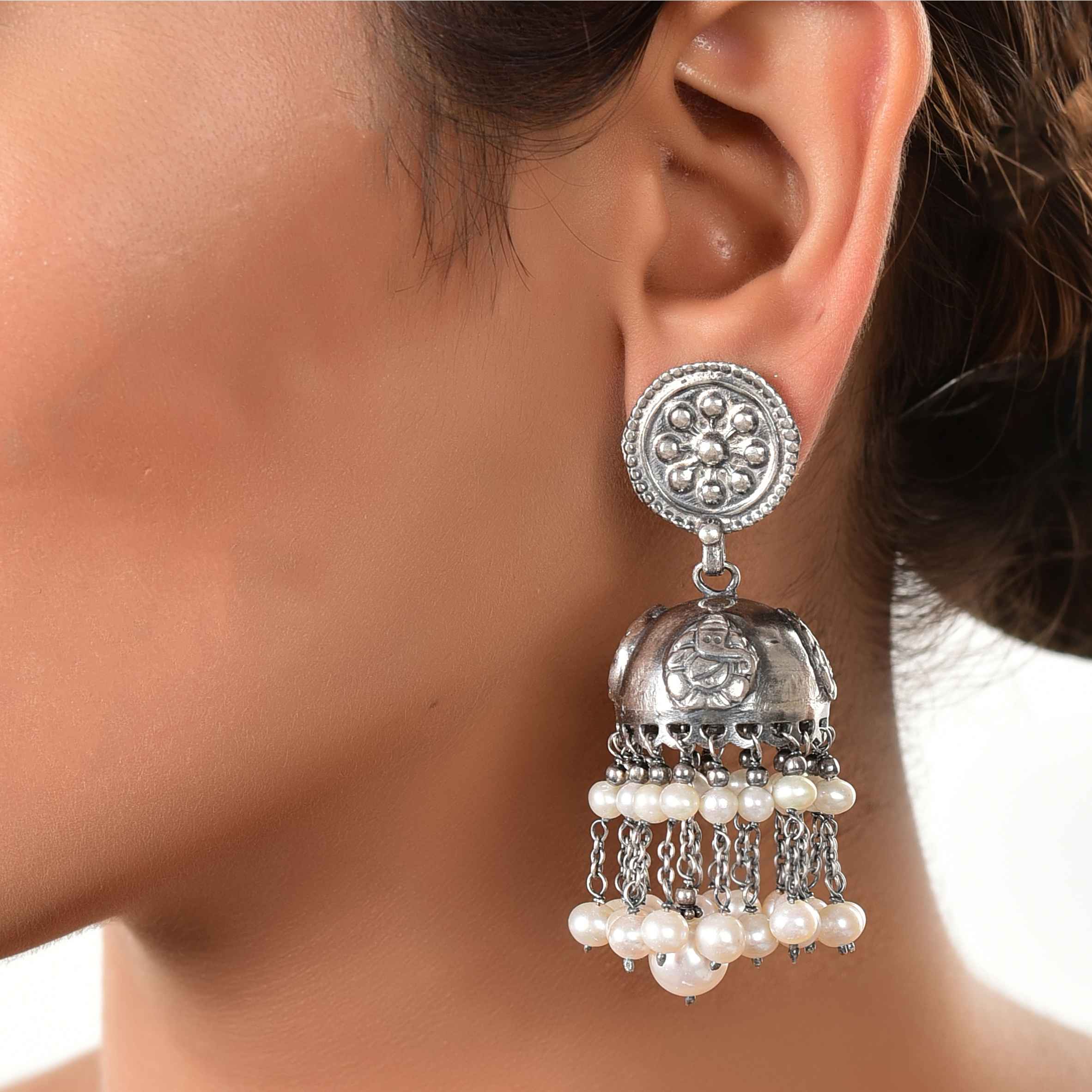 Silver ganesha jhumka pearl earring