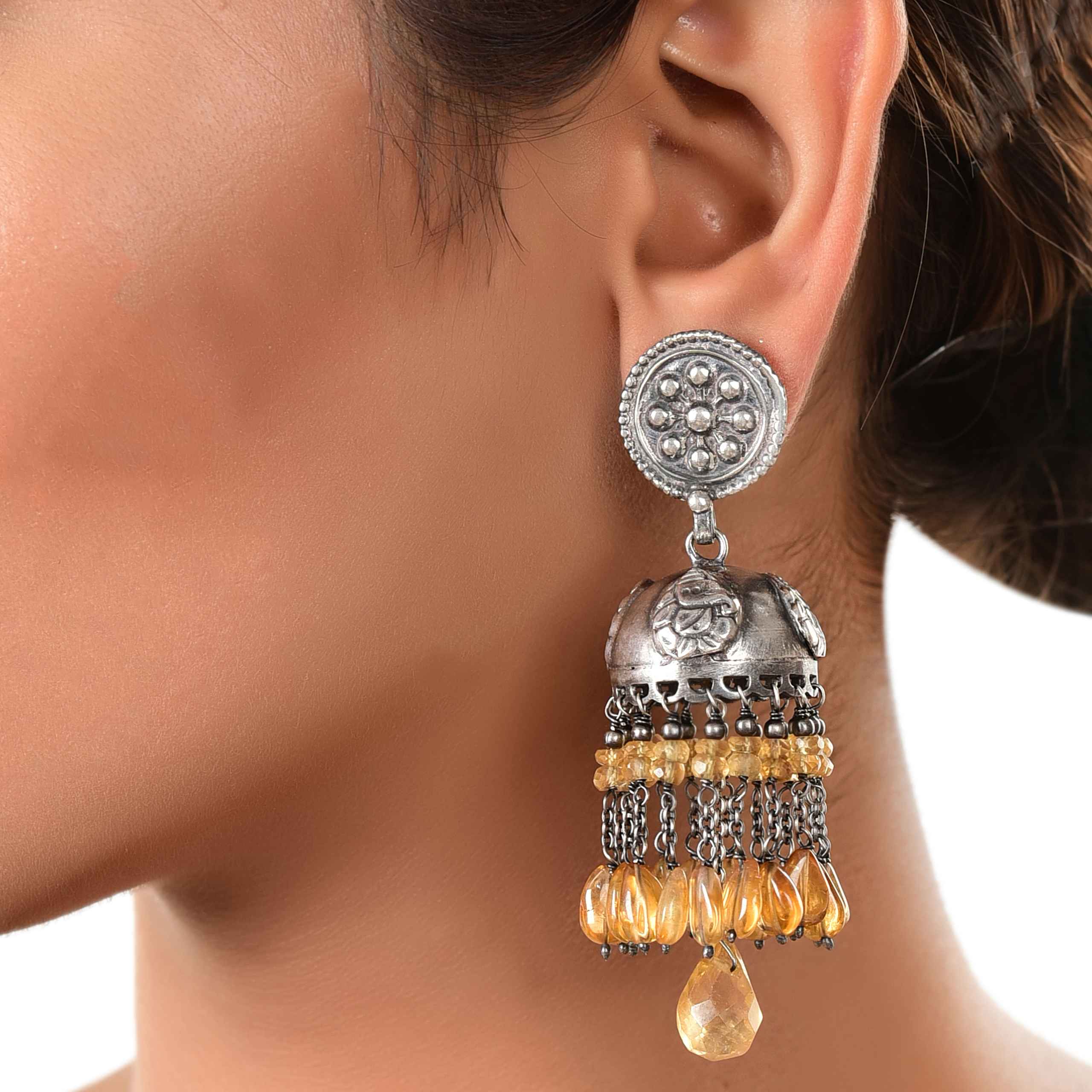 Silver ganesha jhumka citrine earring
