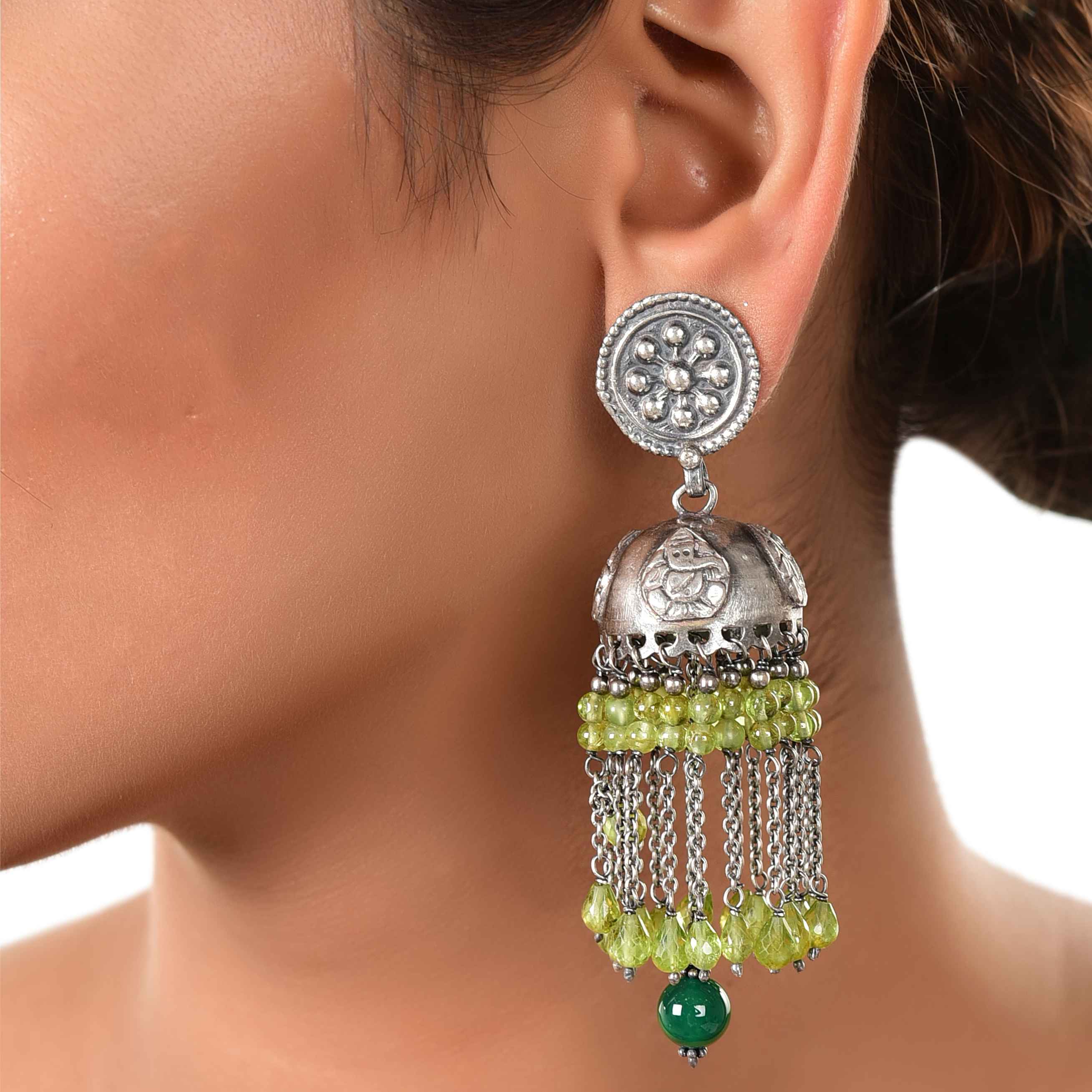 Silver ganesha jhumka peridot earring