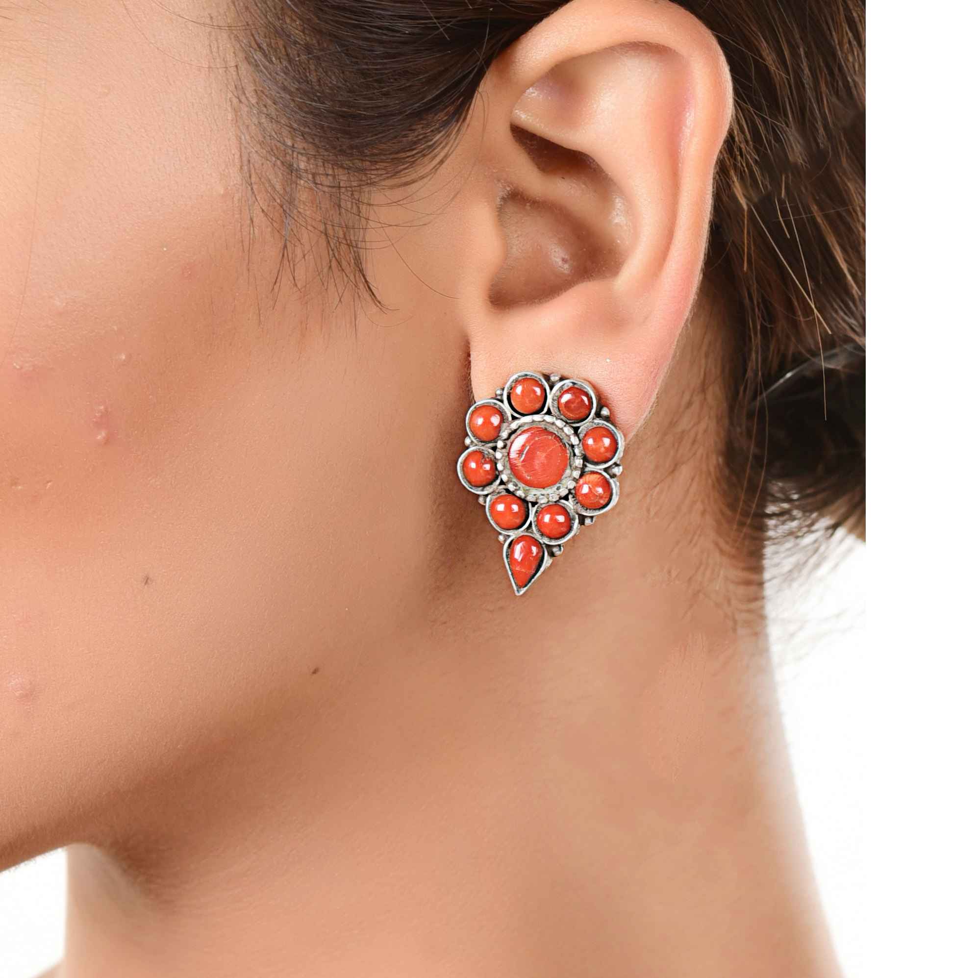 Ethnic flower Coral Silver Stud