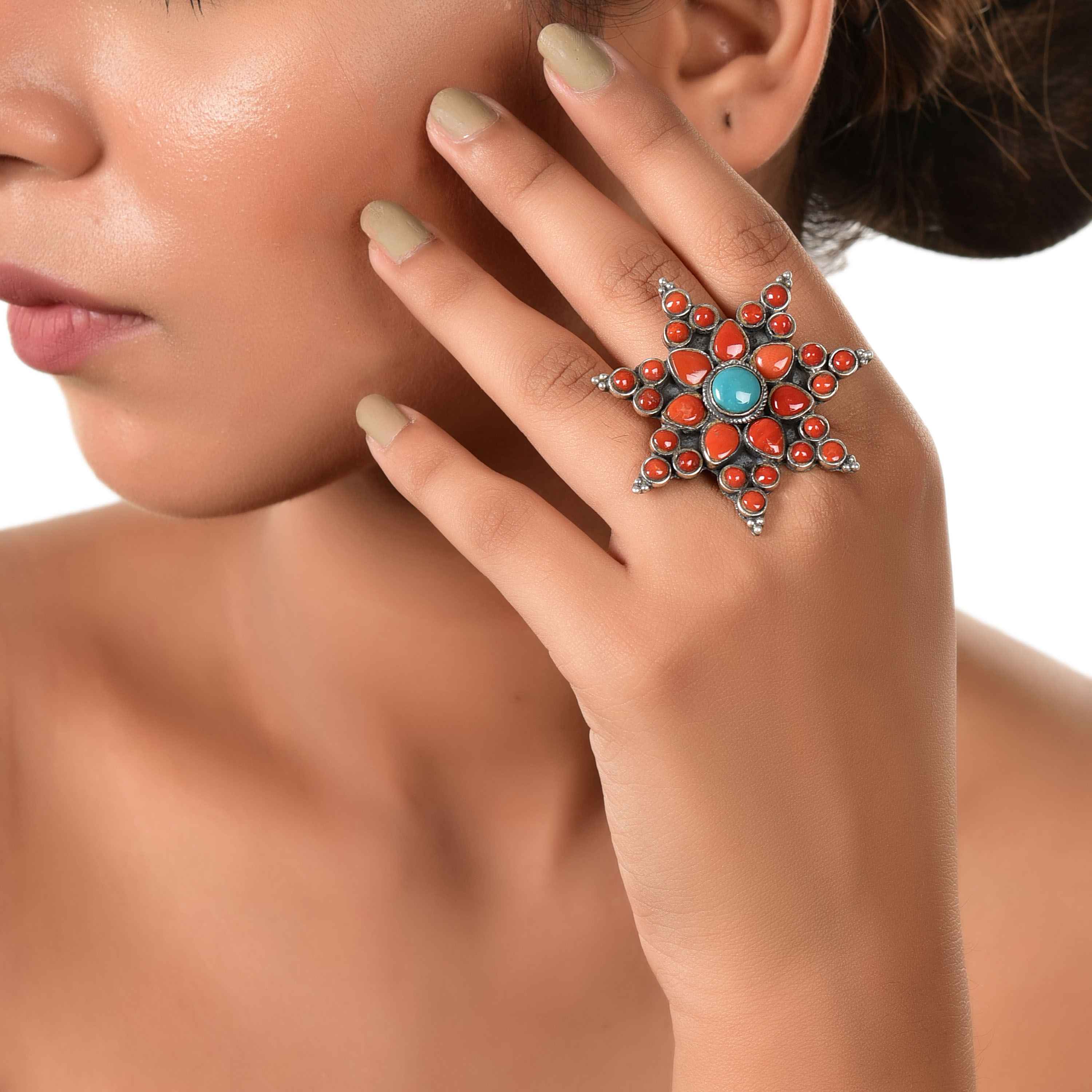Silver Star Coral turqiouse Ring