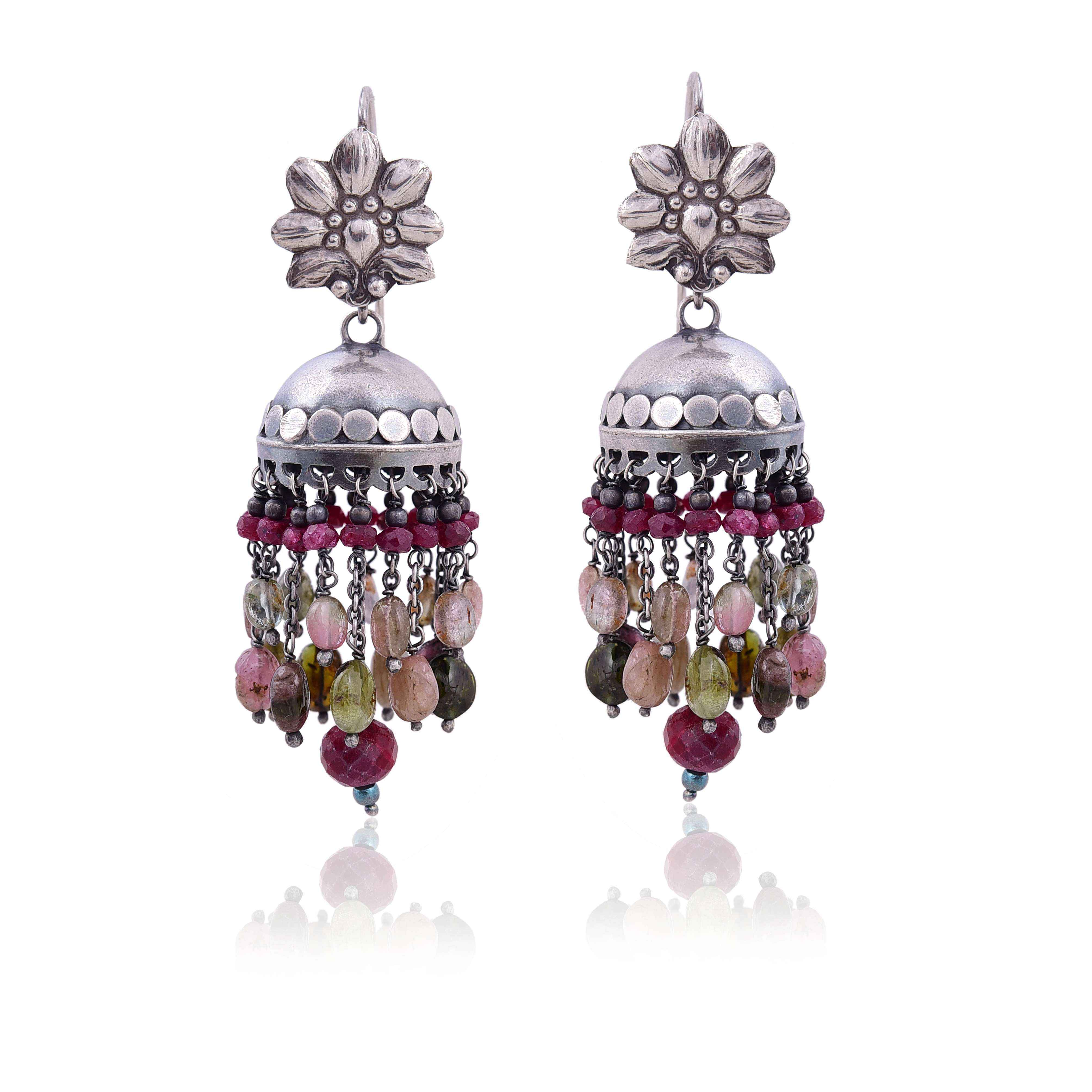 Multi Tourmaline & Ruby drops sterling silver earring