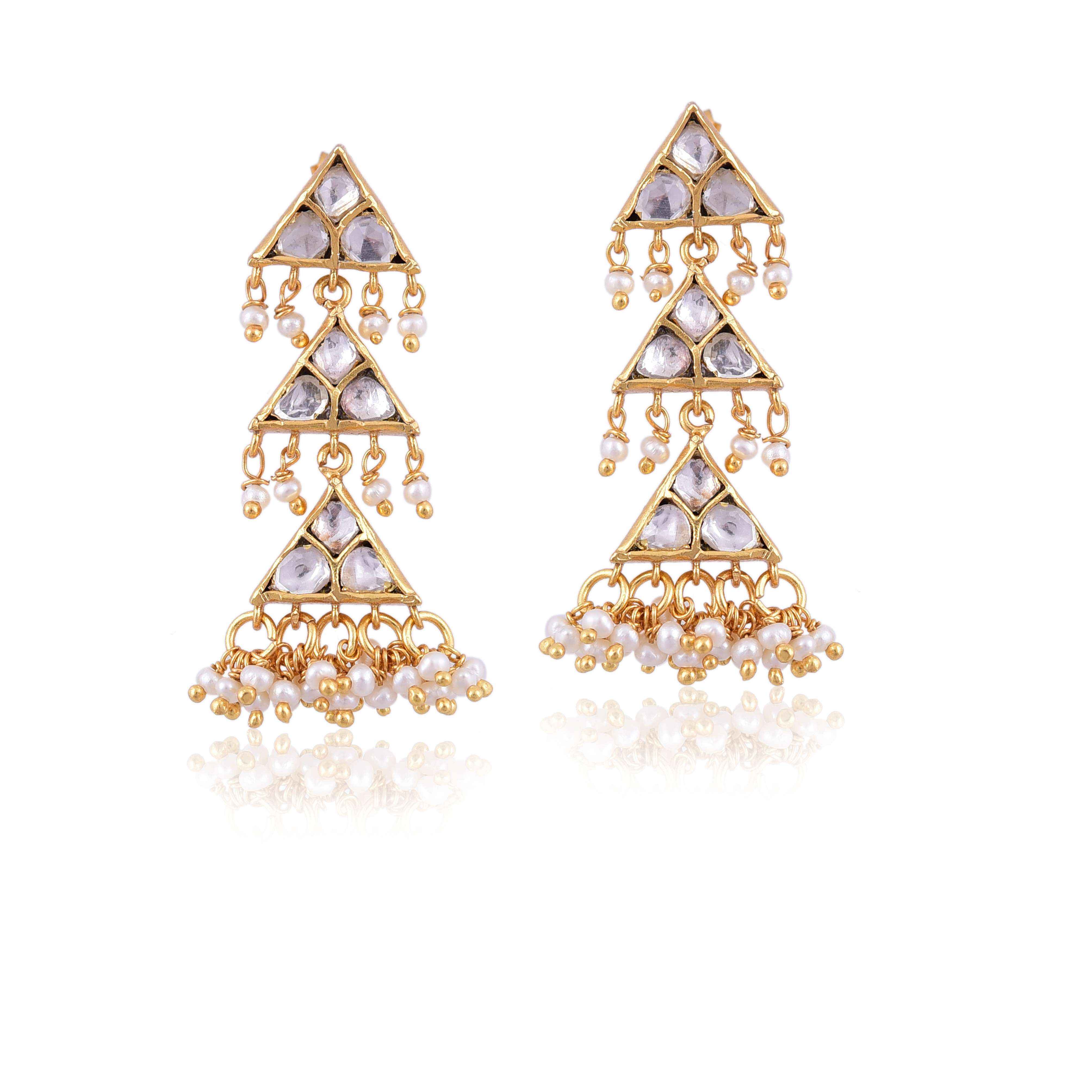 Ethnic Gold Plated Triangle 925 Silver Dangler Earrings