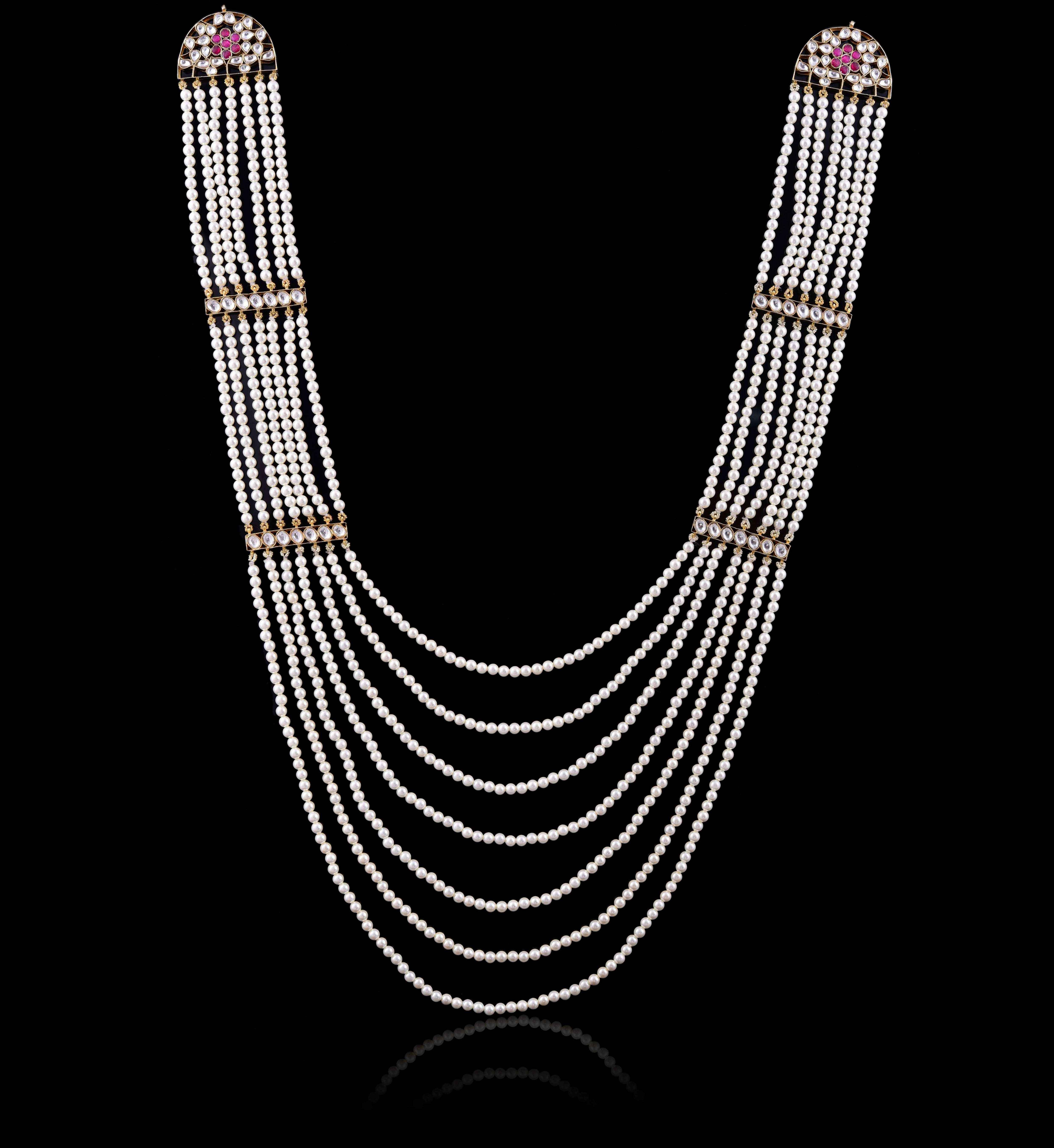 925 Silver Long Multi Layer gold plated Kundan & Pearl Necklace