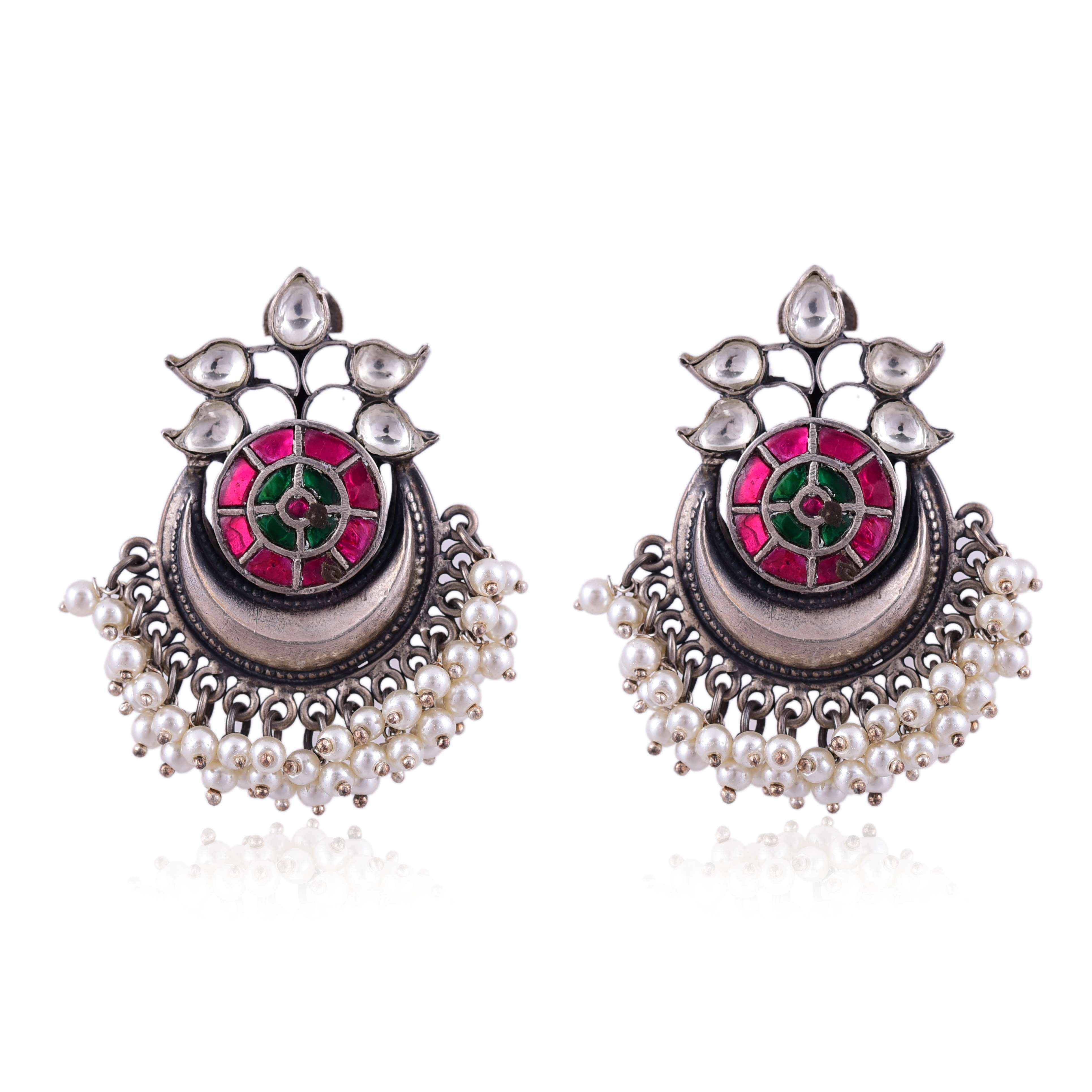 Silver Kundan Pearl Drops Earring