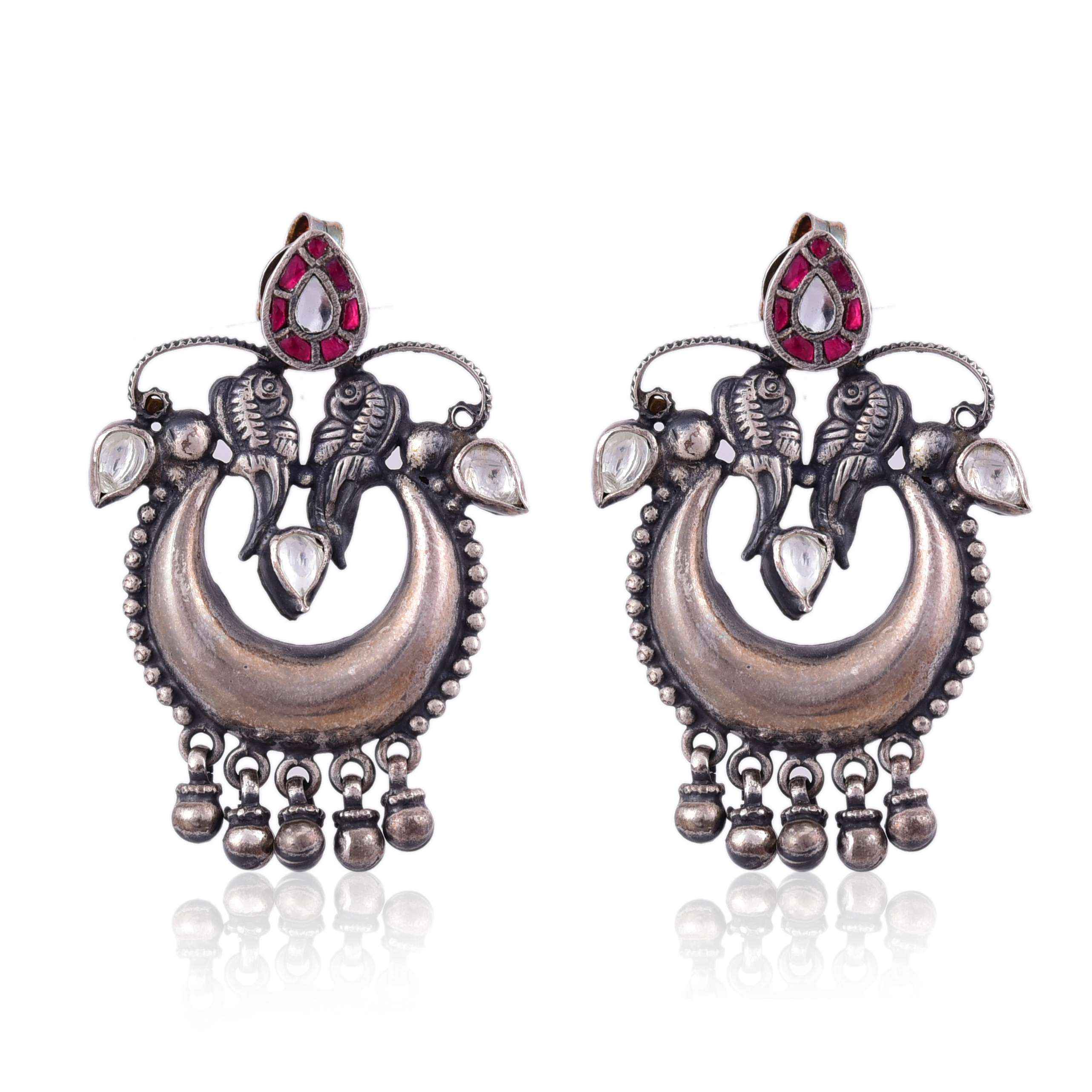 Sterling Oxidised Silver two peacock Kundan Earring