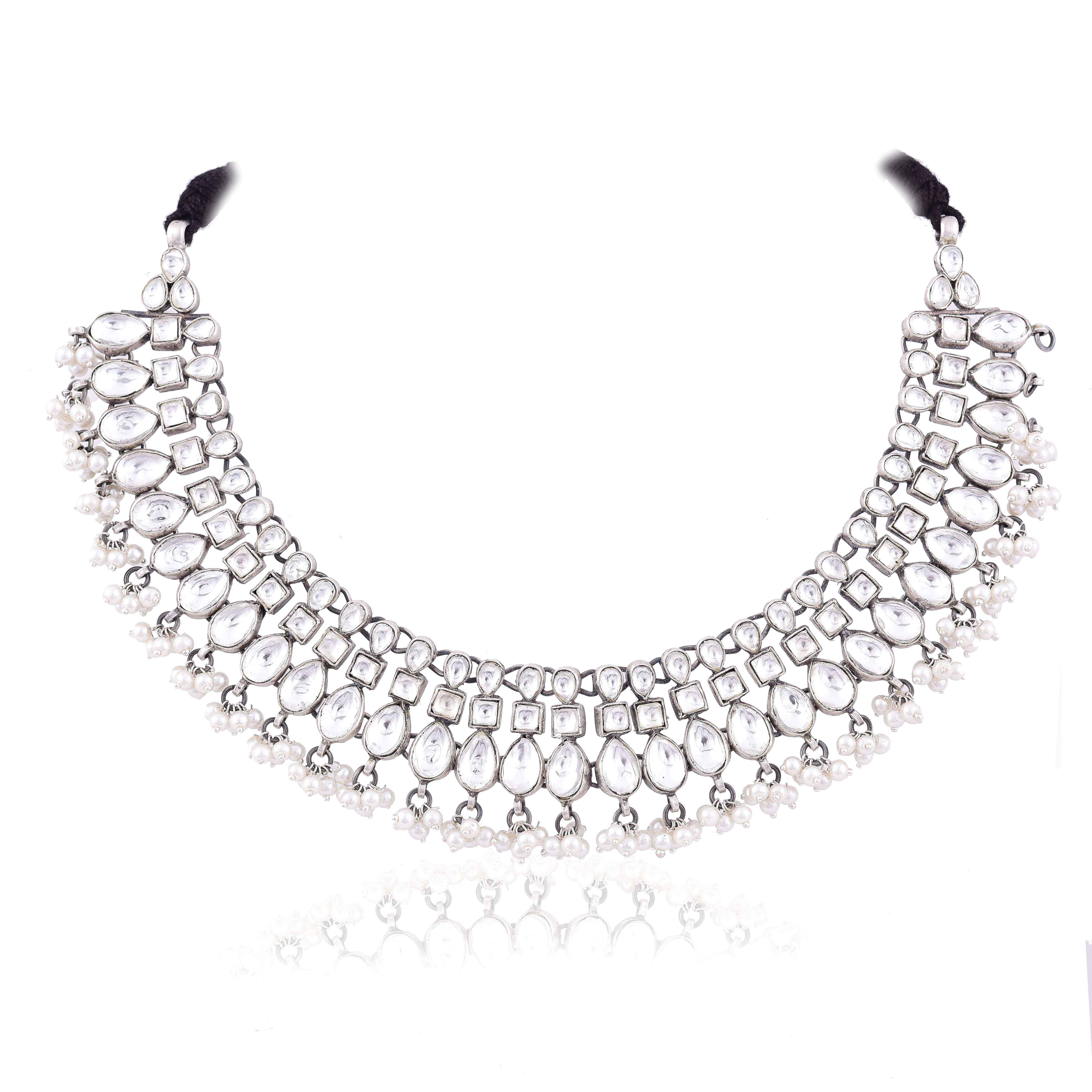 Silver antique Kundan necklace with pearl drops