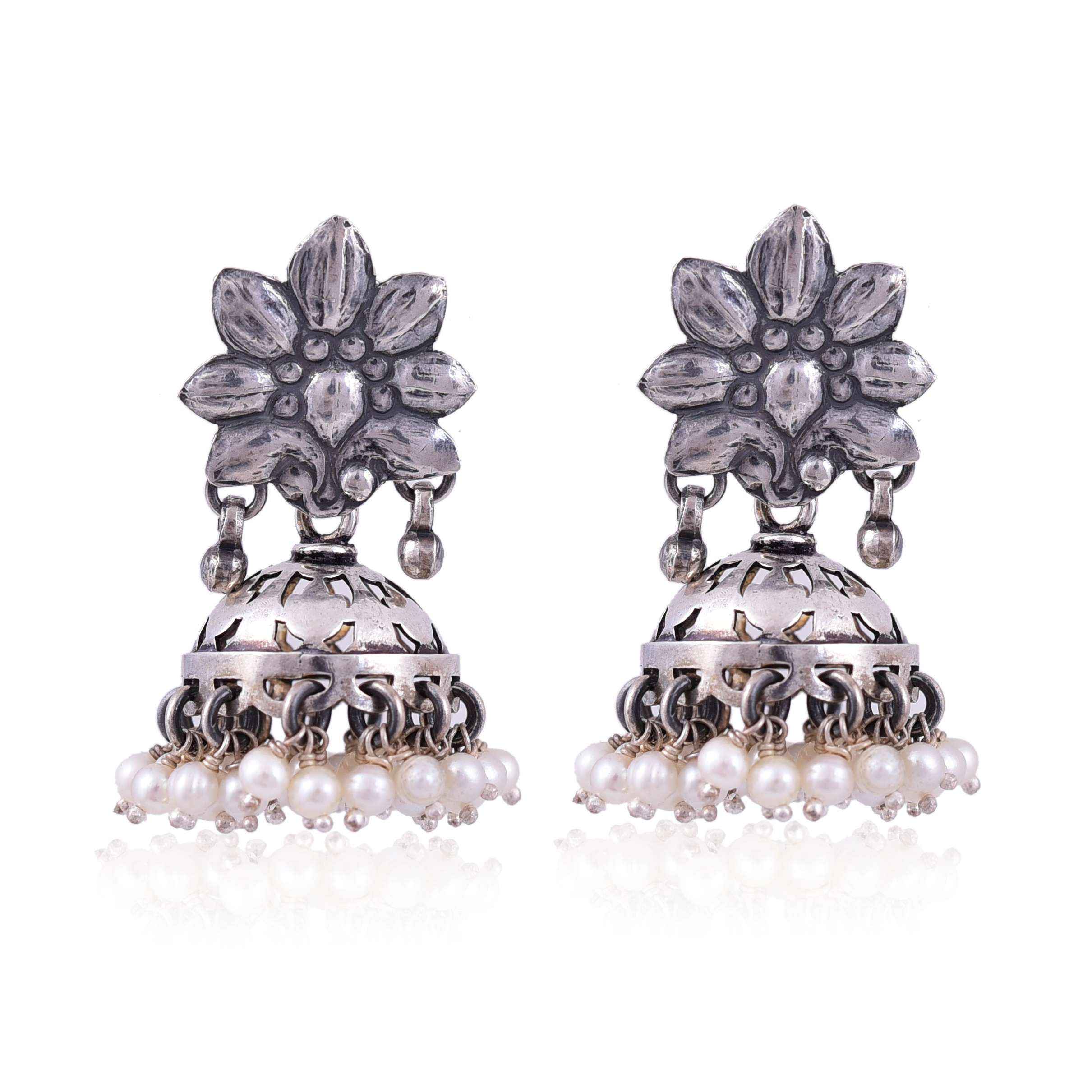 Sterling Silver jali cut pearl jhumka earring