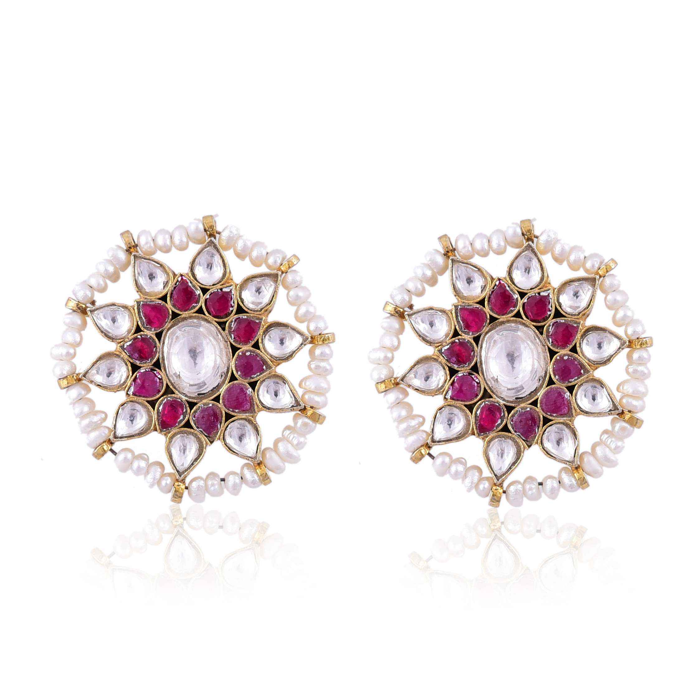 Silver gold plated Kundan Pearl Round Stud Earring