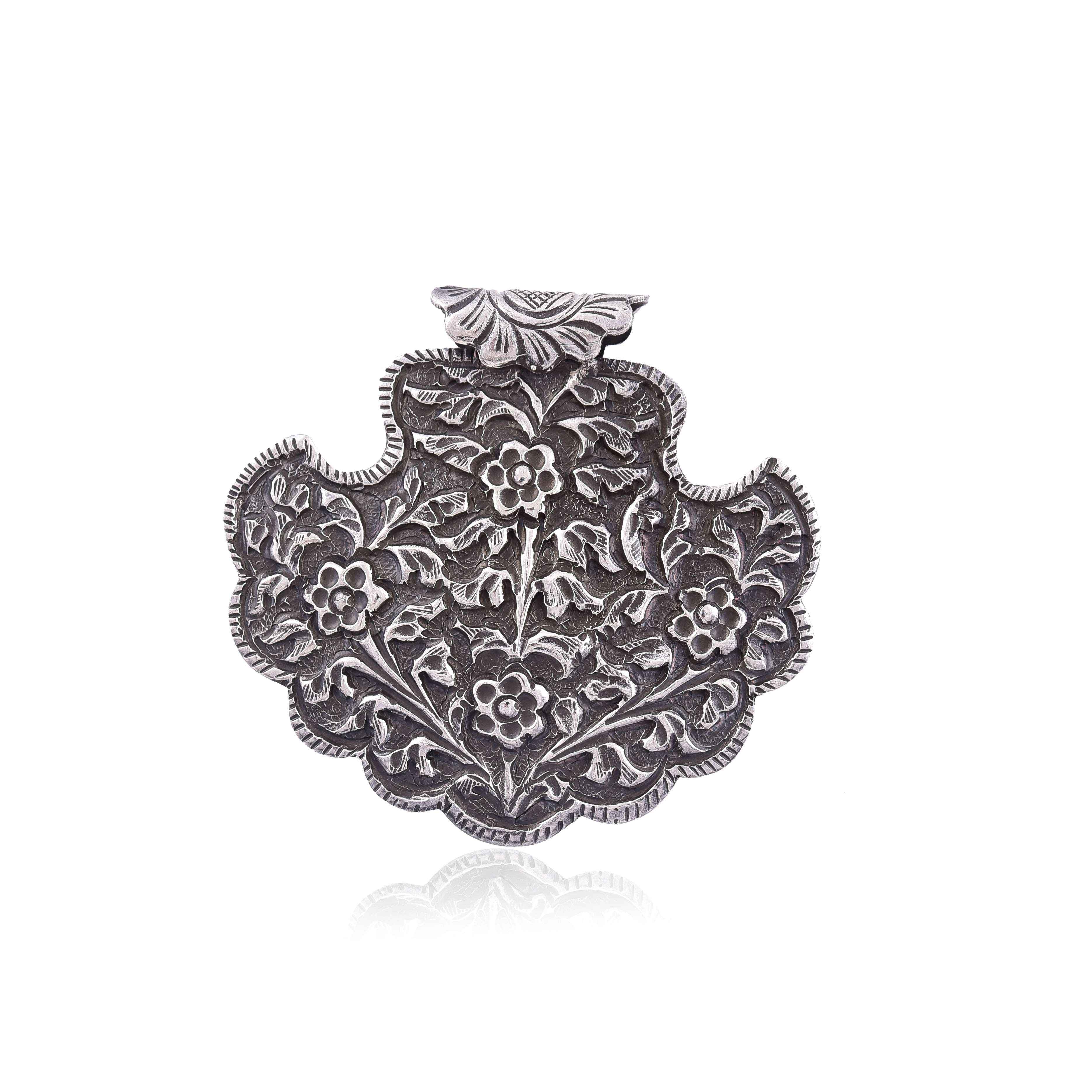 Silver Flower carving oxidised pendant