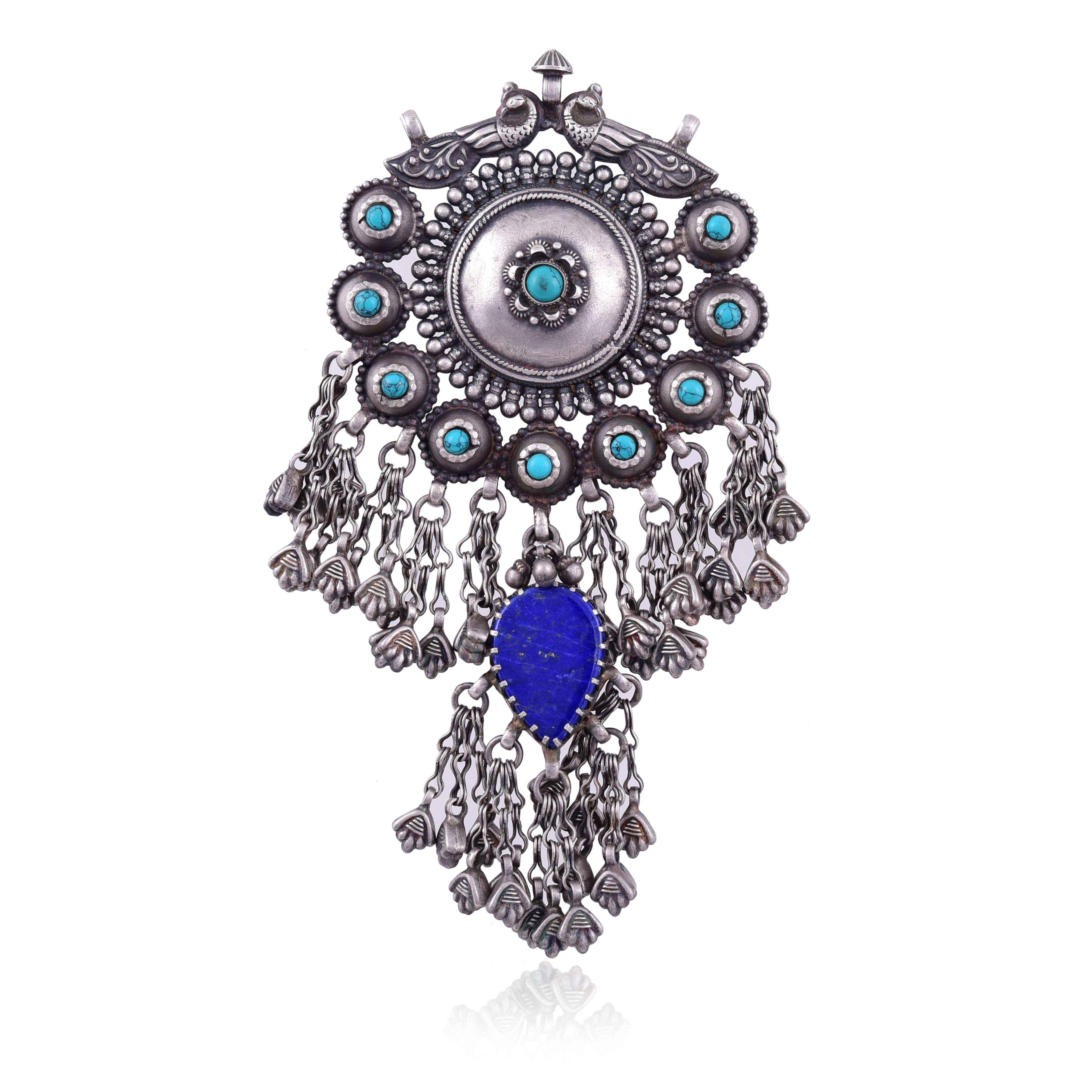 Oxidised Silver antique peacock turquoise,lapis pendant