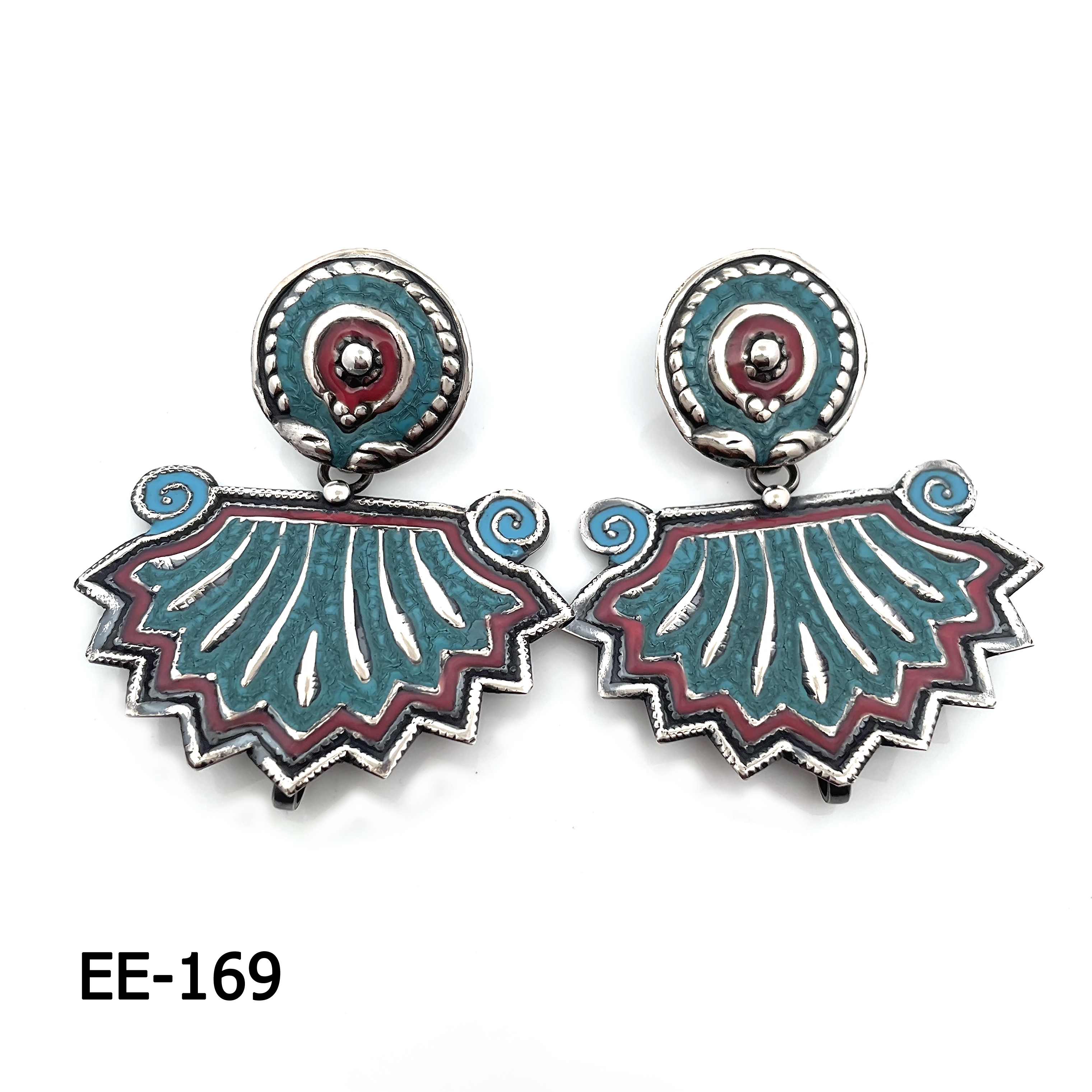 Elegant 925 Sterling Silver Earrings with Turquoise & Coral Enamel