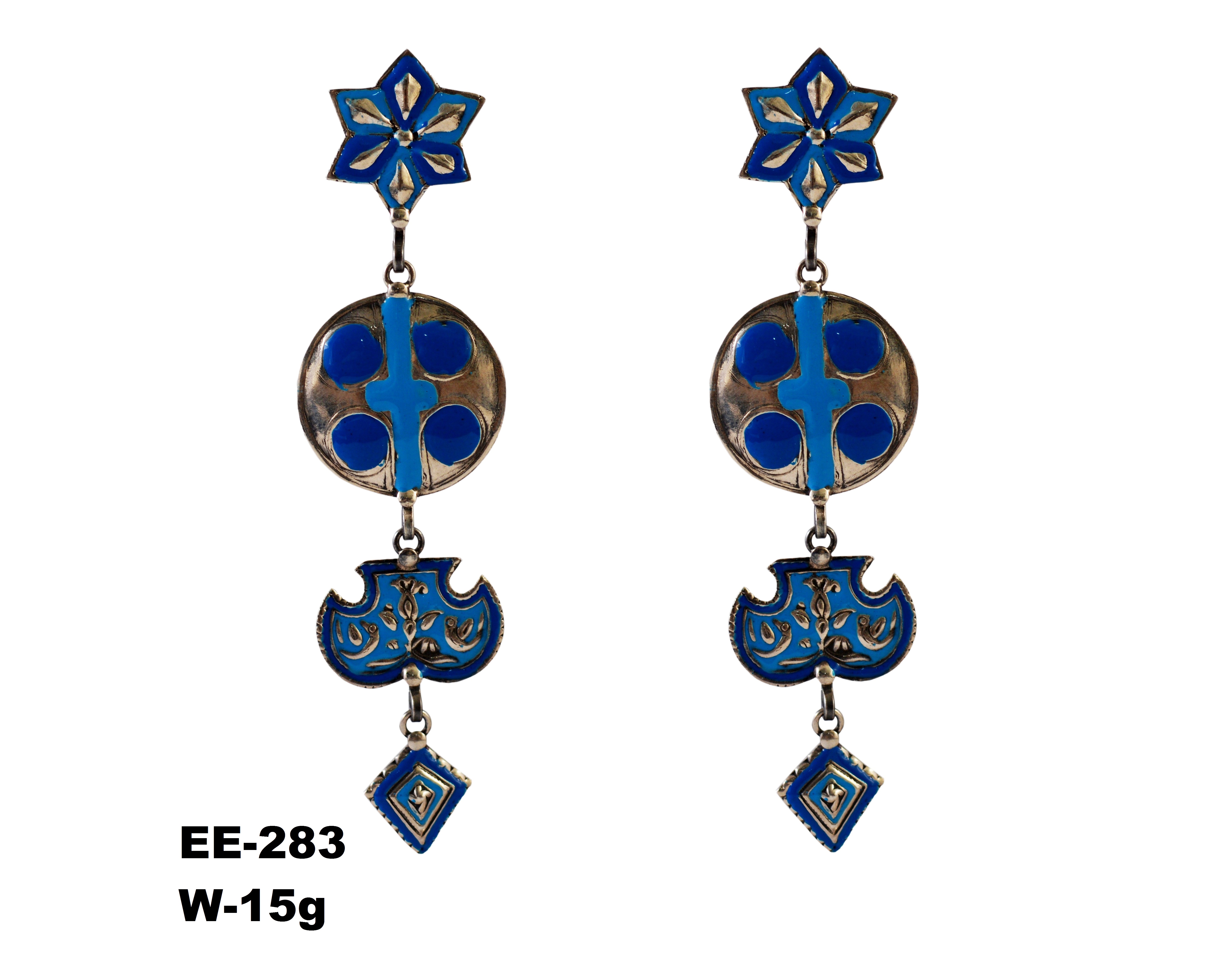 Handcrafted 925 Sterling Silver Blue Enamel Dangle Earrings – Traditional Floral & Geometric Design