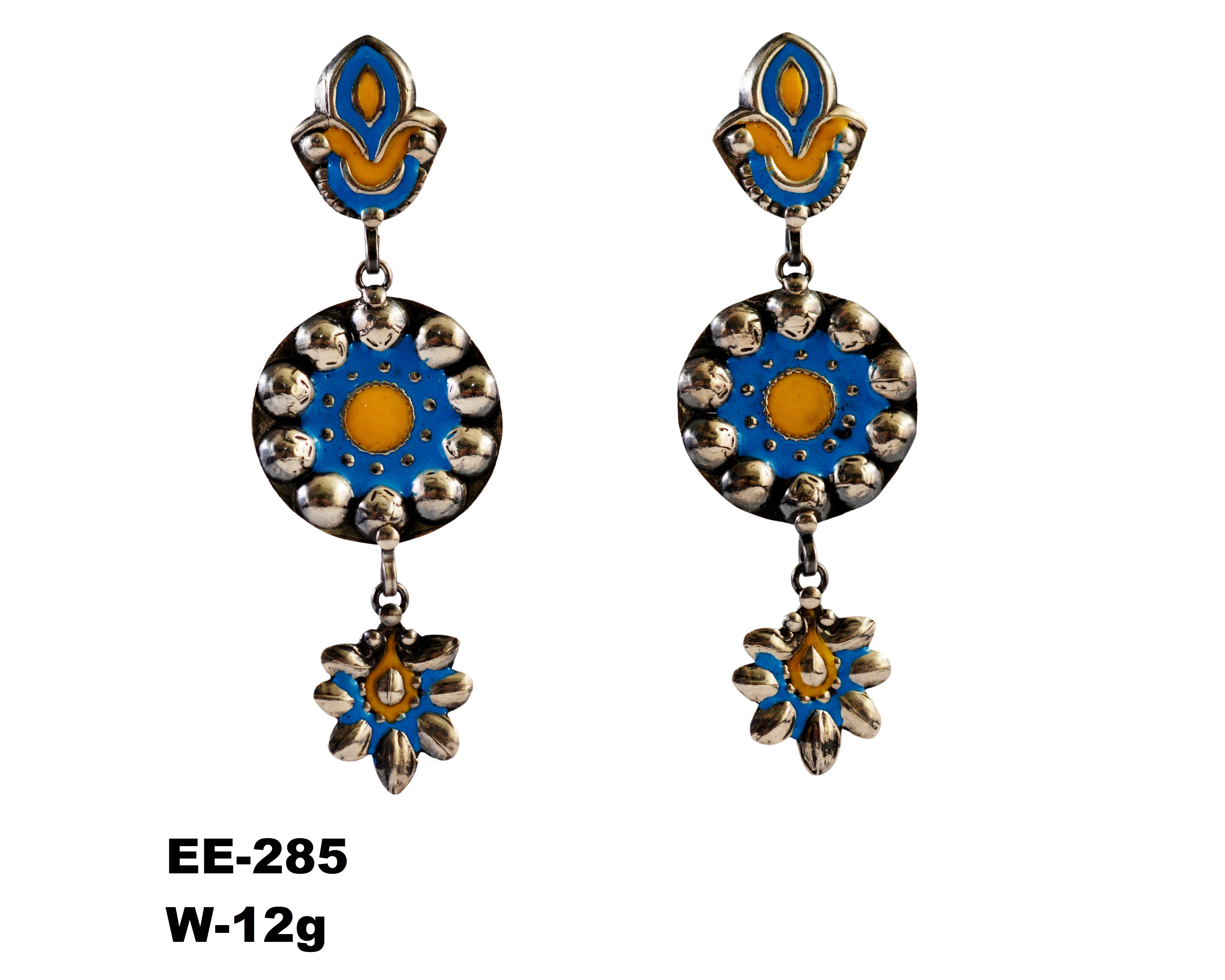 Royal Blue & Yellow Enamel Round & Drop Earrings – 925 Sterling Silver