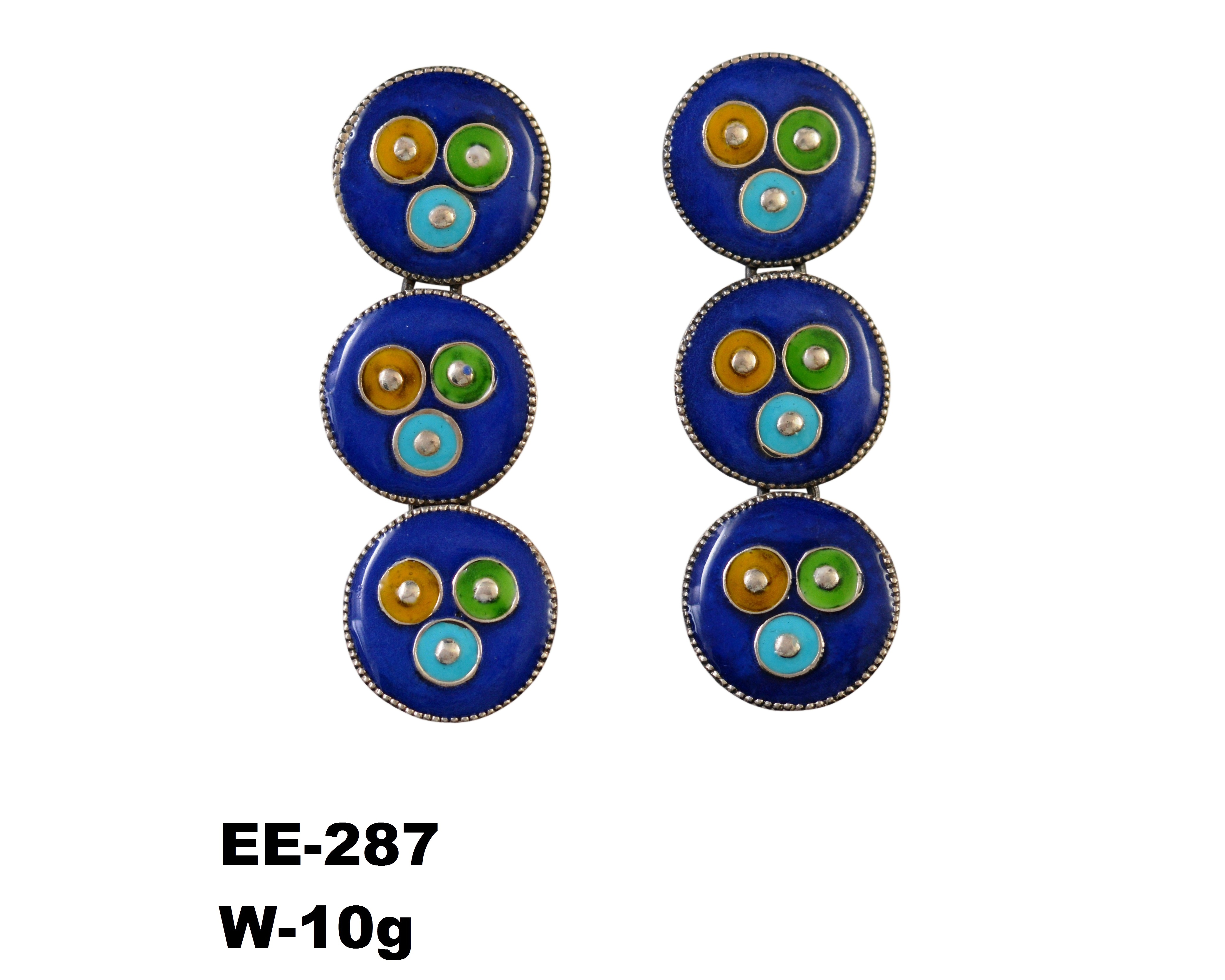 Multi-Color Enamel Coin Drop Earrings – Dark Blue, Yellow, Green & Sky – 925 Sterling Oxidized Silver