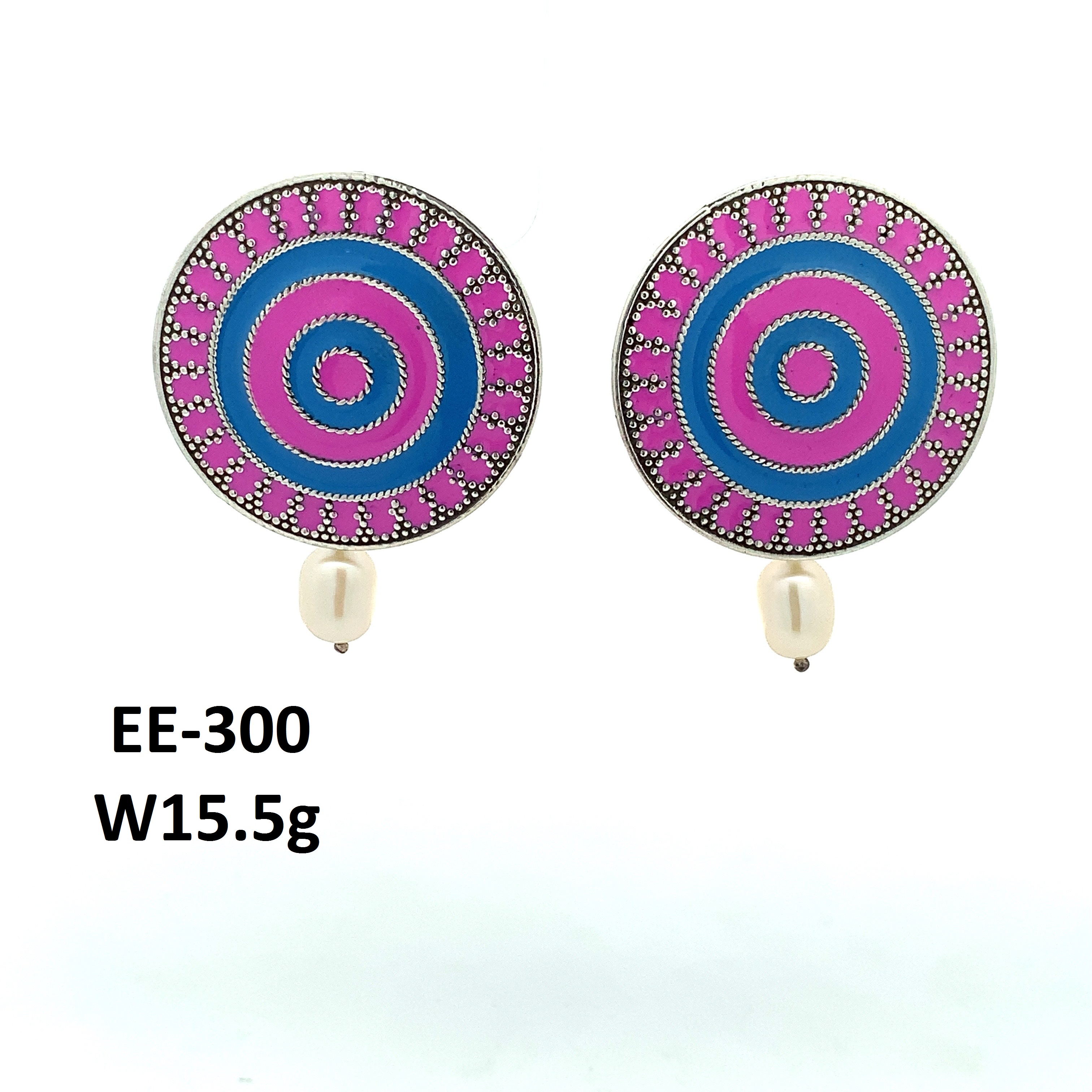 Rangoli Rawa Enameled Tribal Pop Natural Pearl Drop Ear Studs – Pink & Blue Enamel 925 Sterling Silver